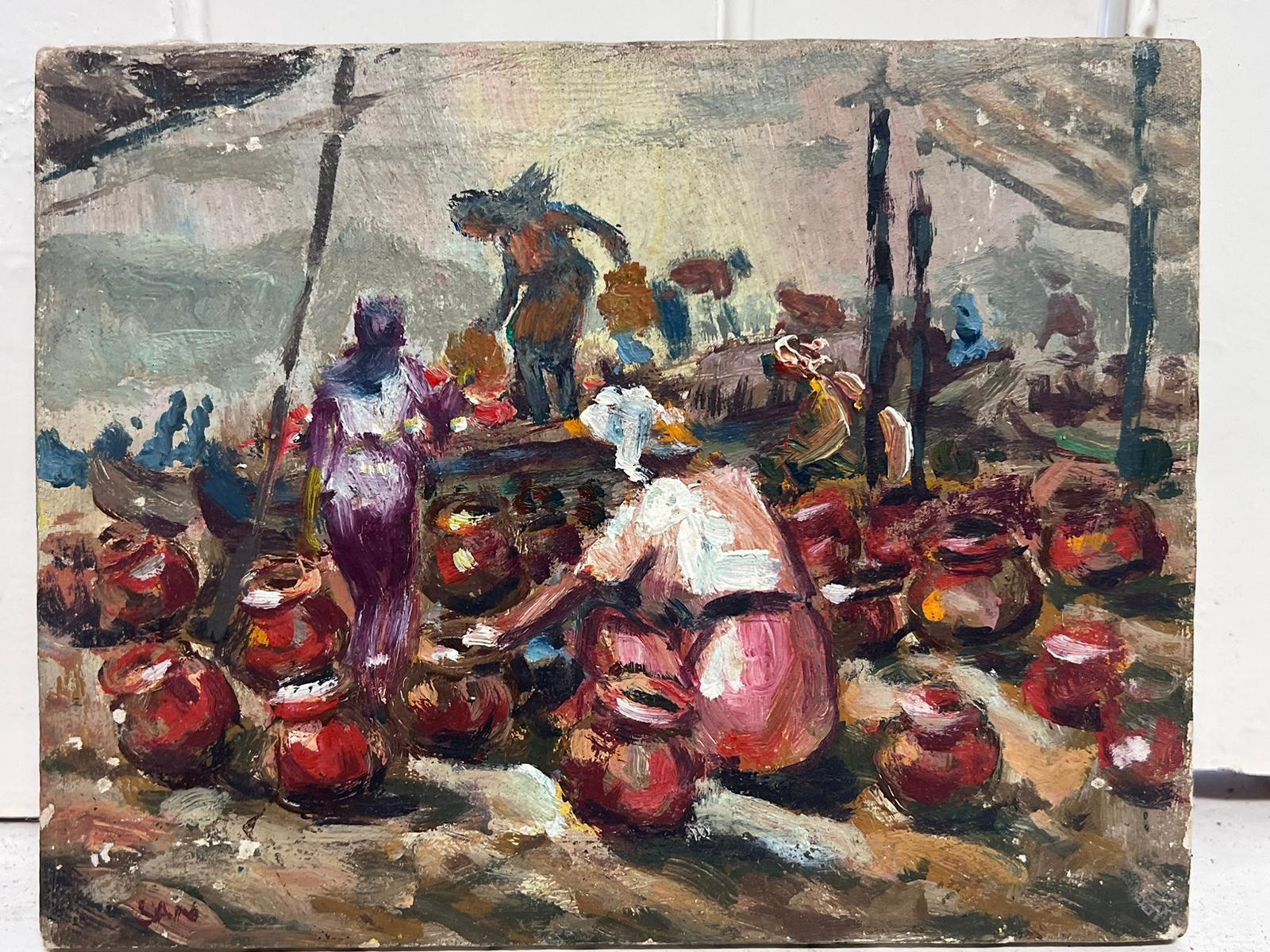 20th Century French Oil Figures in North African Street Market with Old Pots - Painting by 20th Century French School