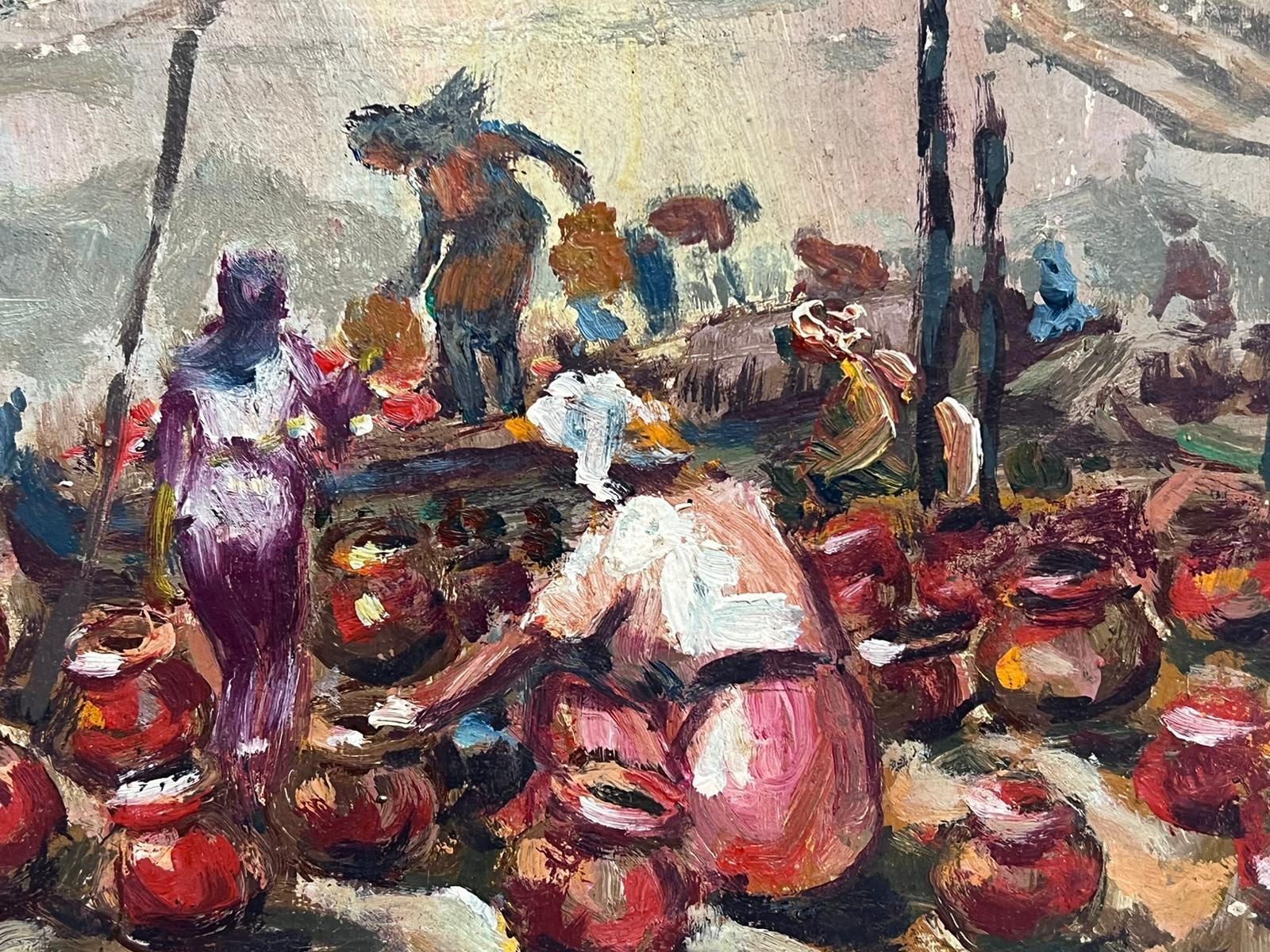 20th Century French Oil Figures in North African Street Market with Old Pots For Sale 1