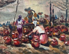 Huile française du 20e siècle Figures dans un marché de rue nord-africain avec des pots anciens