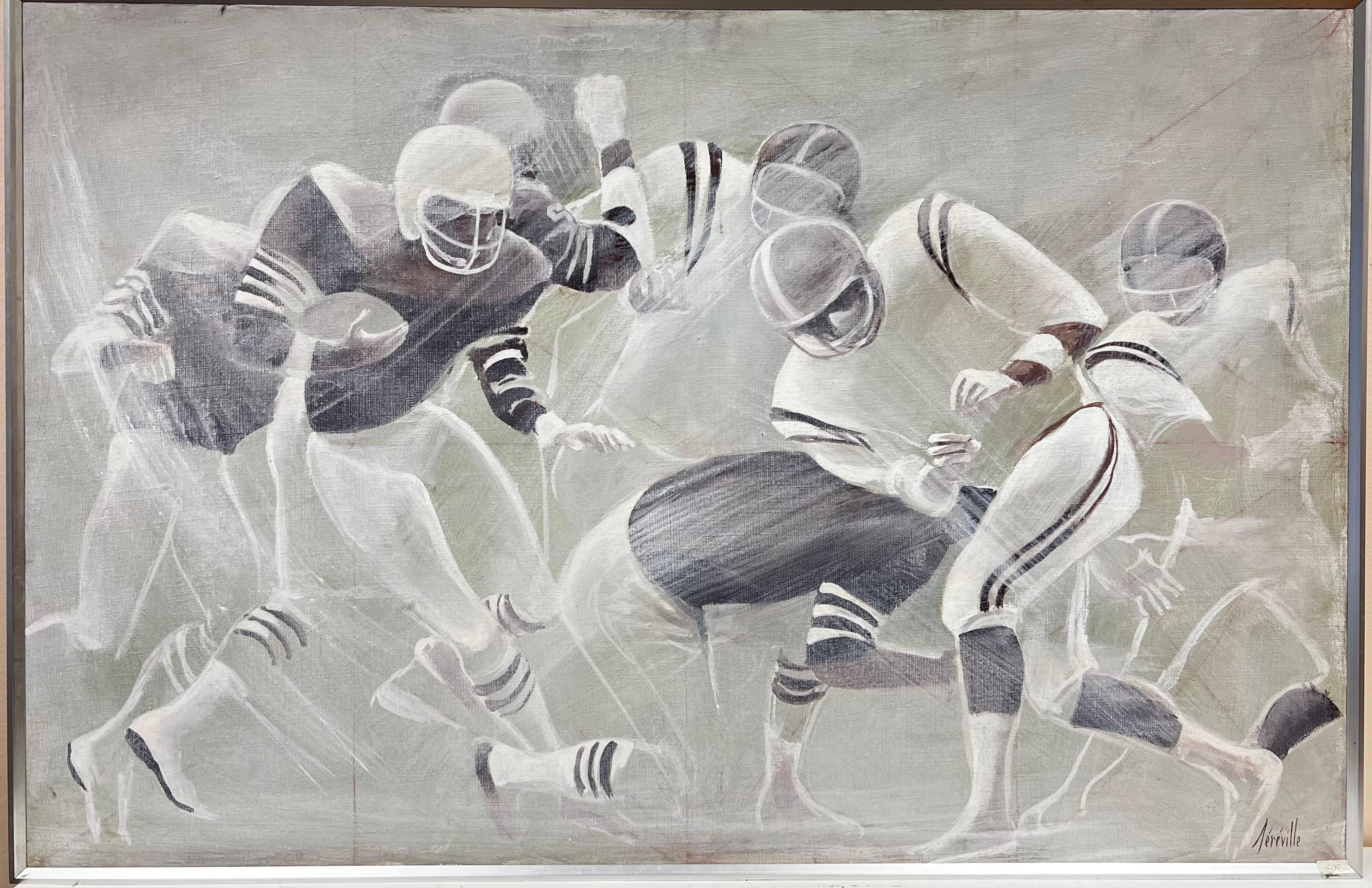 Amerikanisches Fußballspiel, dramatisches Ölgemälde des 20. Jahrhunderts, signiert, 1980er Jahre (Moderne), Painting, von 20th Century French School