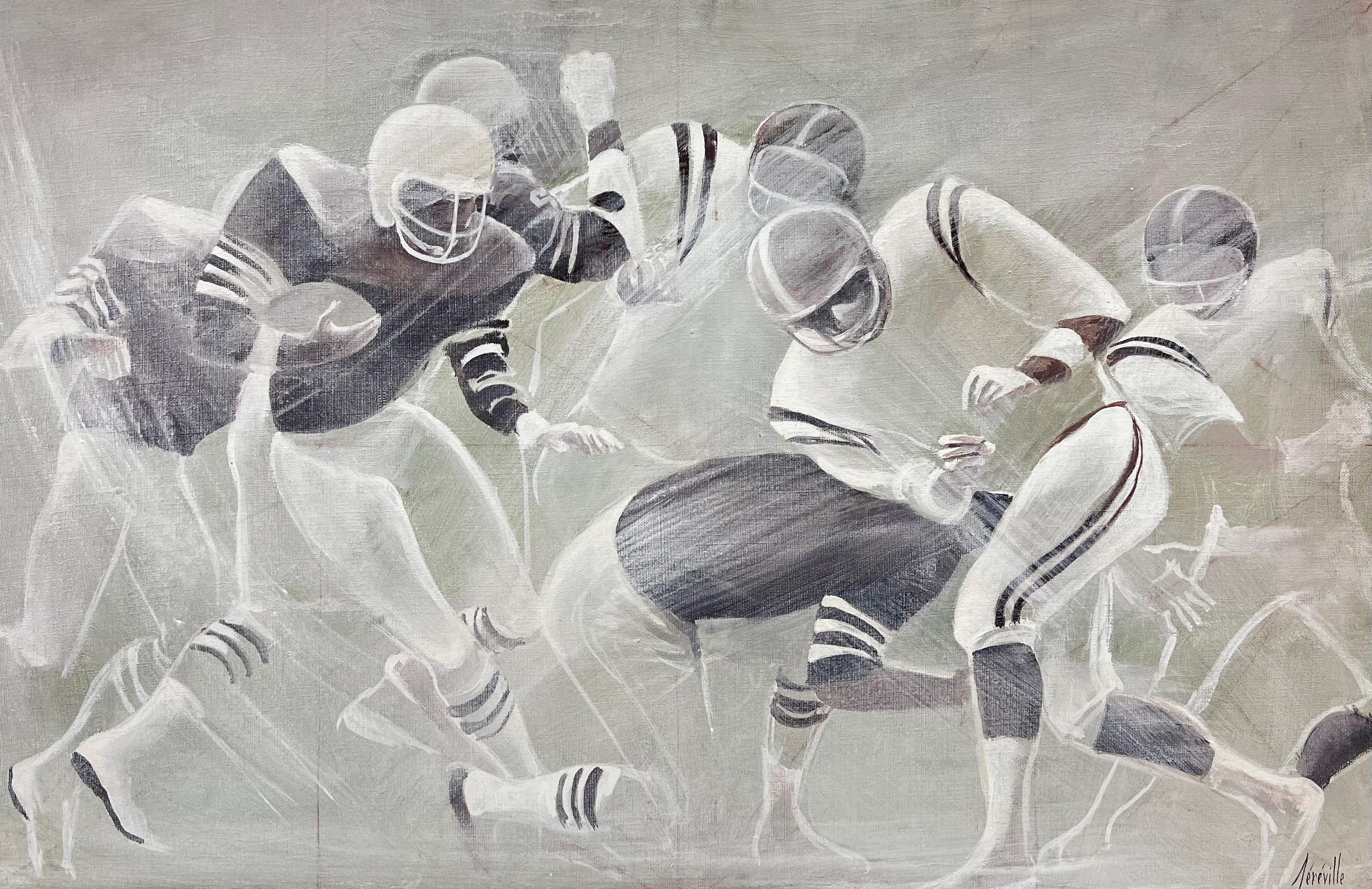 20th Century French School Figurative Painting – Amerikanisches Fußballspiel, dramatisches Ölgemälde des 20. Jahrhunderts, signiert, 1980er Jahre