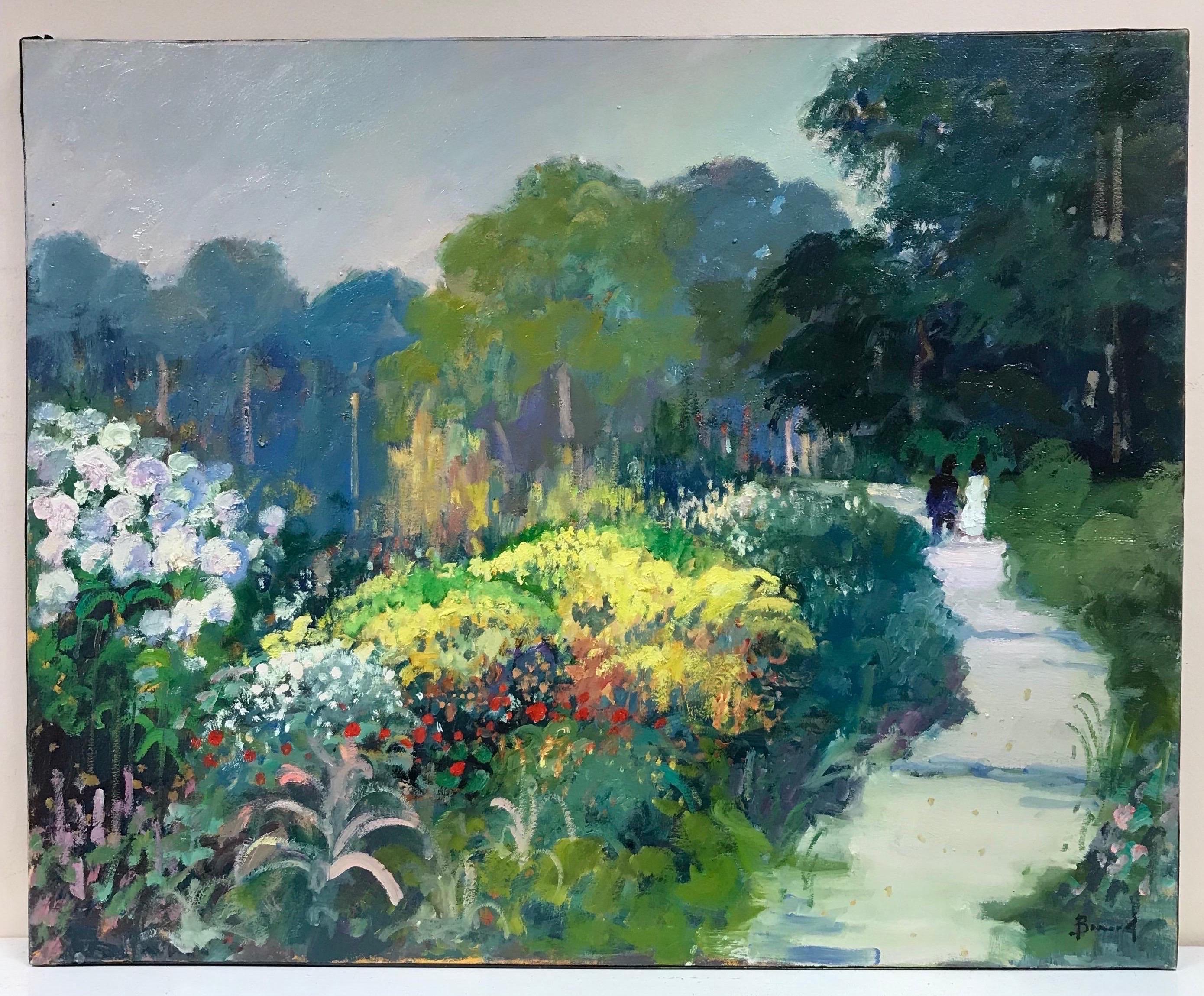 Beautiful French Impressionist Signed Oil Couple Walking in Flower Garden - Painting by 20th Century French School