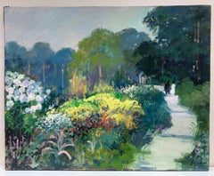 Beautiful French Impressionist Signed Oil Couple Walking in Flower Garden
