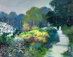 Beautiful French Impressionist Signed Oil Couple Walking in Flower Garden