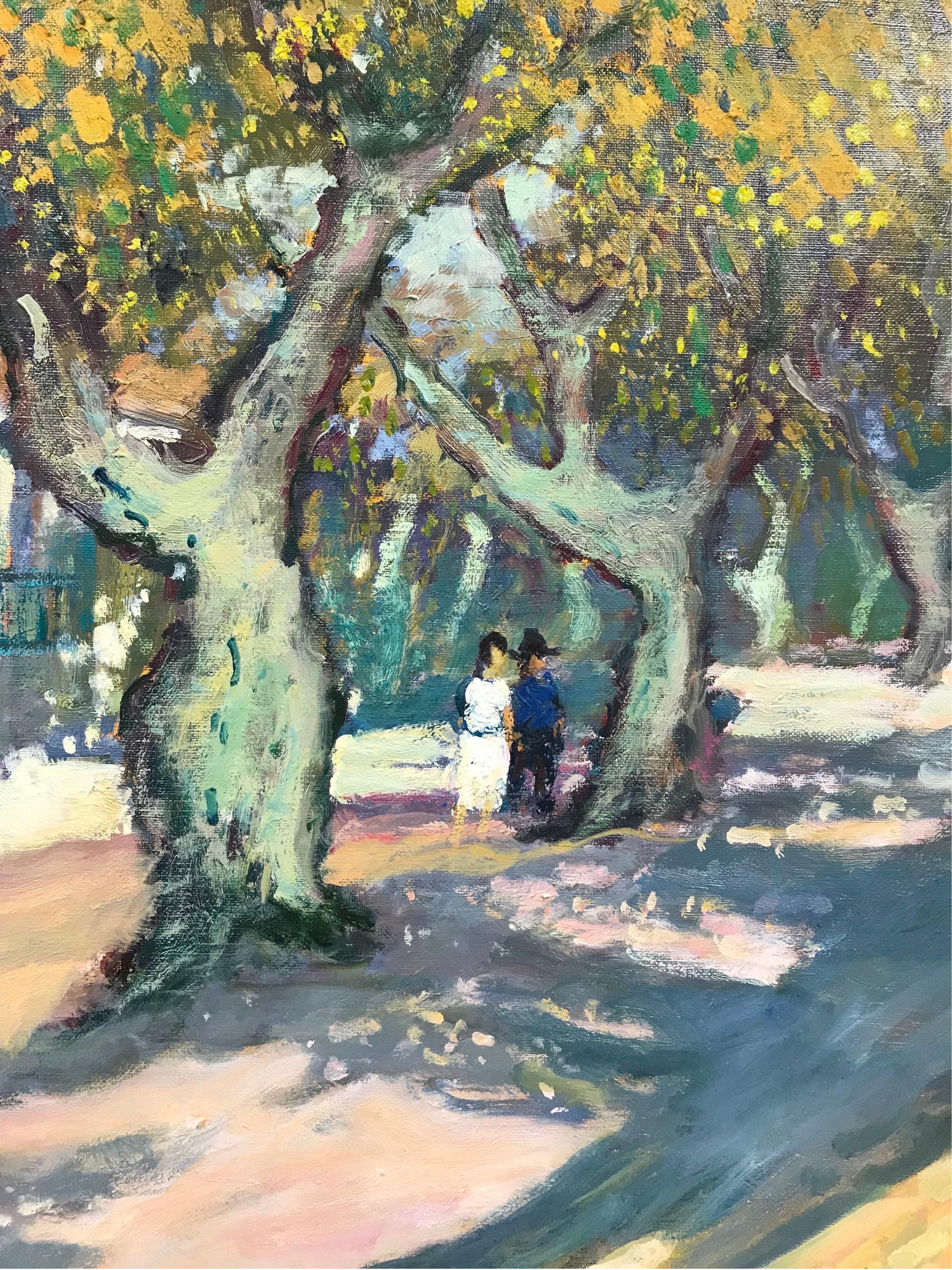 Artist/ School: signed Guy Benard, French late 20h century

Title: 'Arles, Route de Alyscals', a fine post-impressionist view of these figures in a square in Arles under large plain trees. Heavily inspired by the works by Vincent van Gogh. 

Medium: