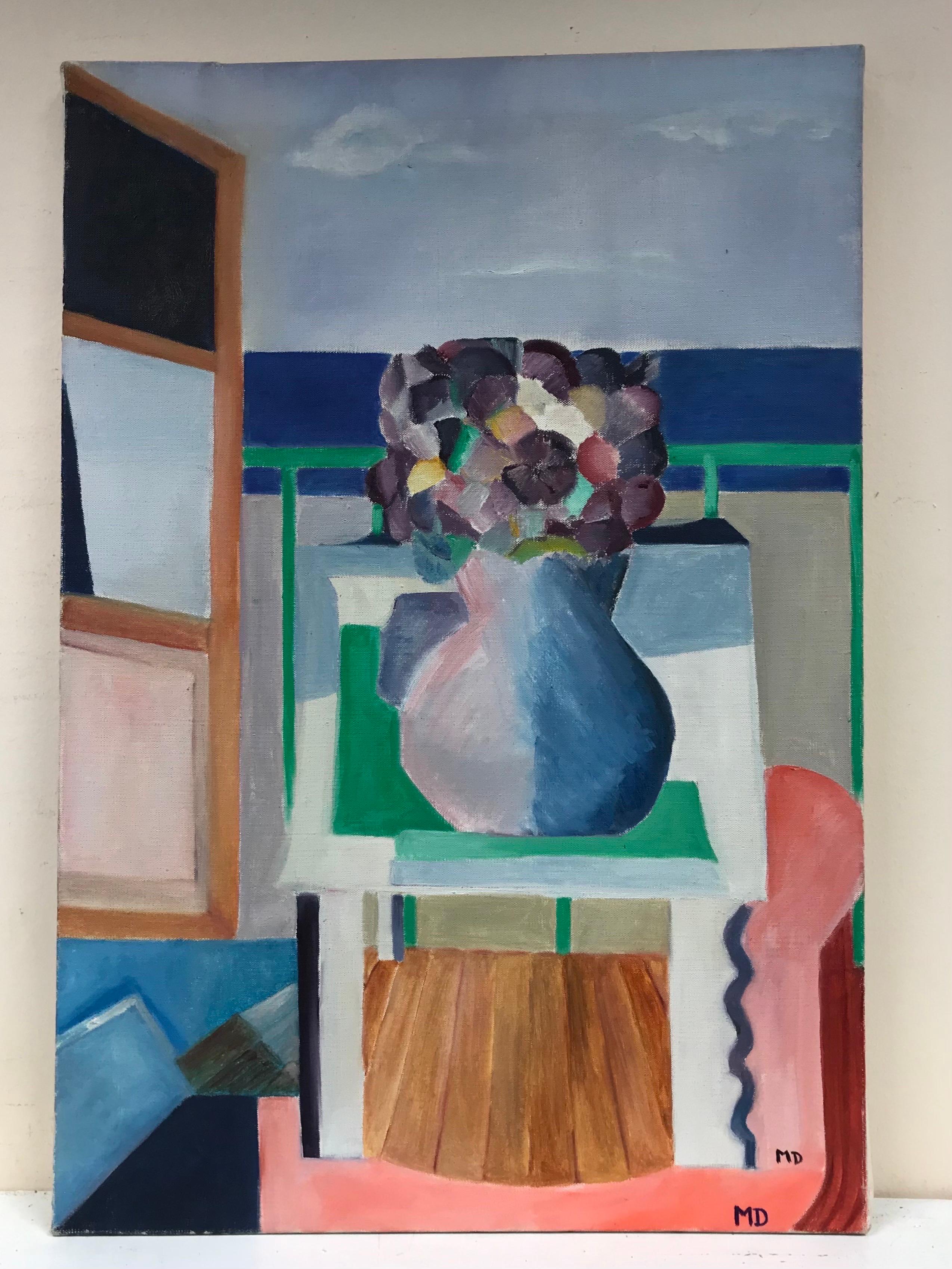 Leuchtend und farbenfrohes französisches kubistisches abstraktes Ölgemälde Blumen in Vase, 20. Jahrhundert – Painting von 20th Century French School