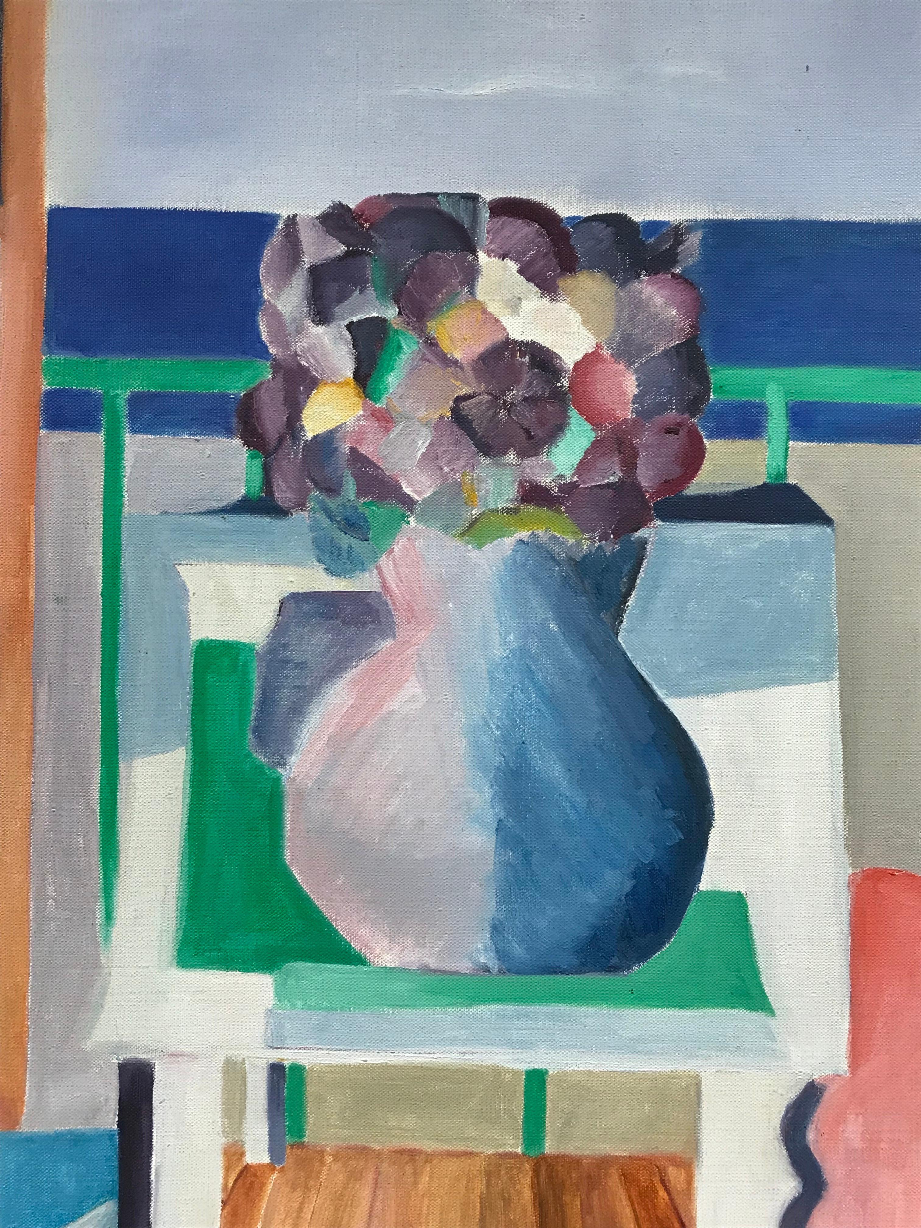 Leuchtend und farbenfrohes französisches kubistisches abstraktes Ölgemälde Blumen in Vase, 20. Jahrhundert (Geometrische Abstraktion), Painting, von 20th Century French School