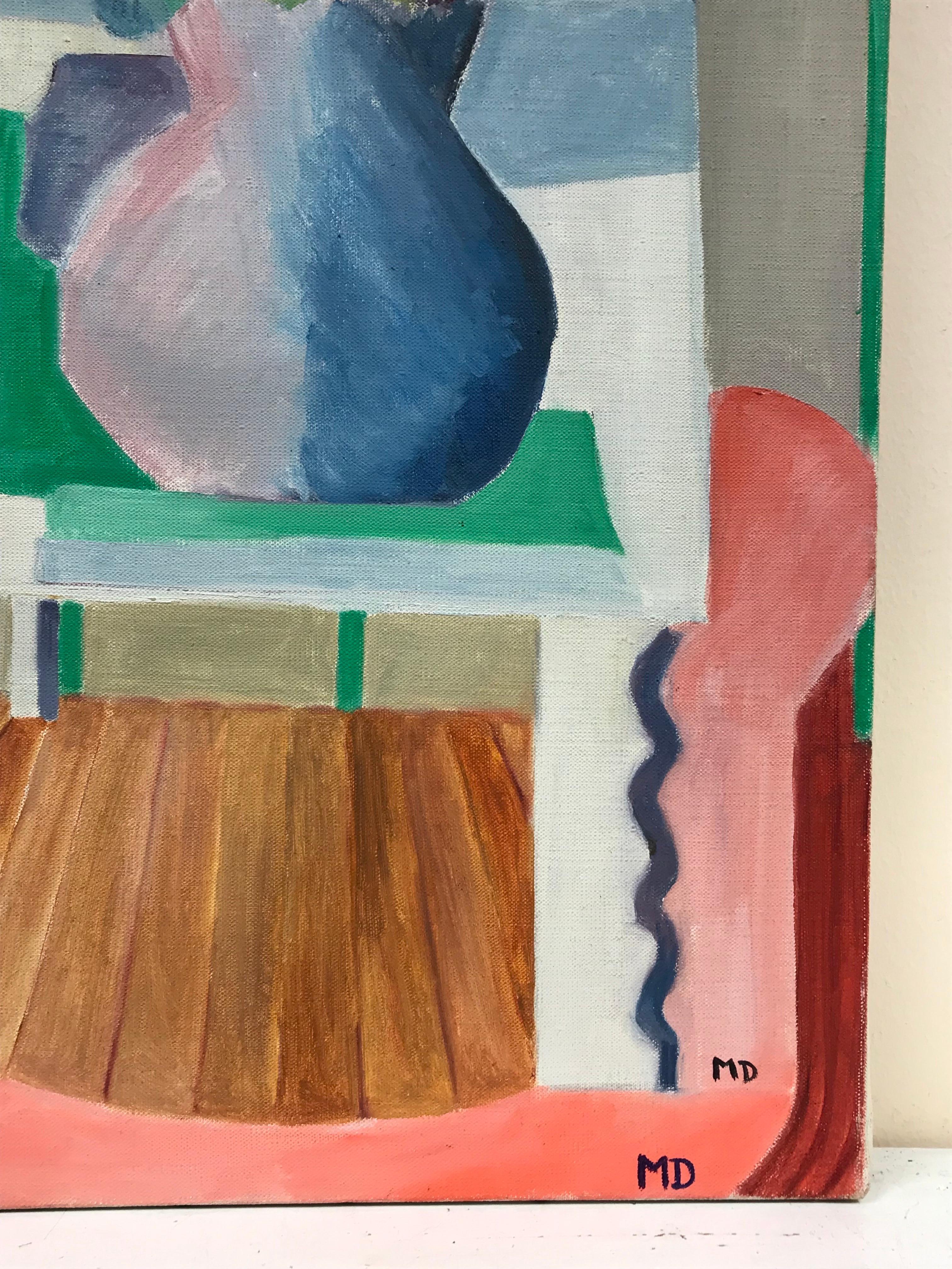 Leuchtend und farbenfrohes französisches kubistisches abstraktes Ölgemälde Blumen in Vase, 20. Jahrhundert (Grau), Abstract Painting, von 20th Century French School