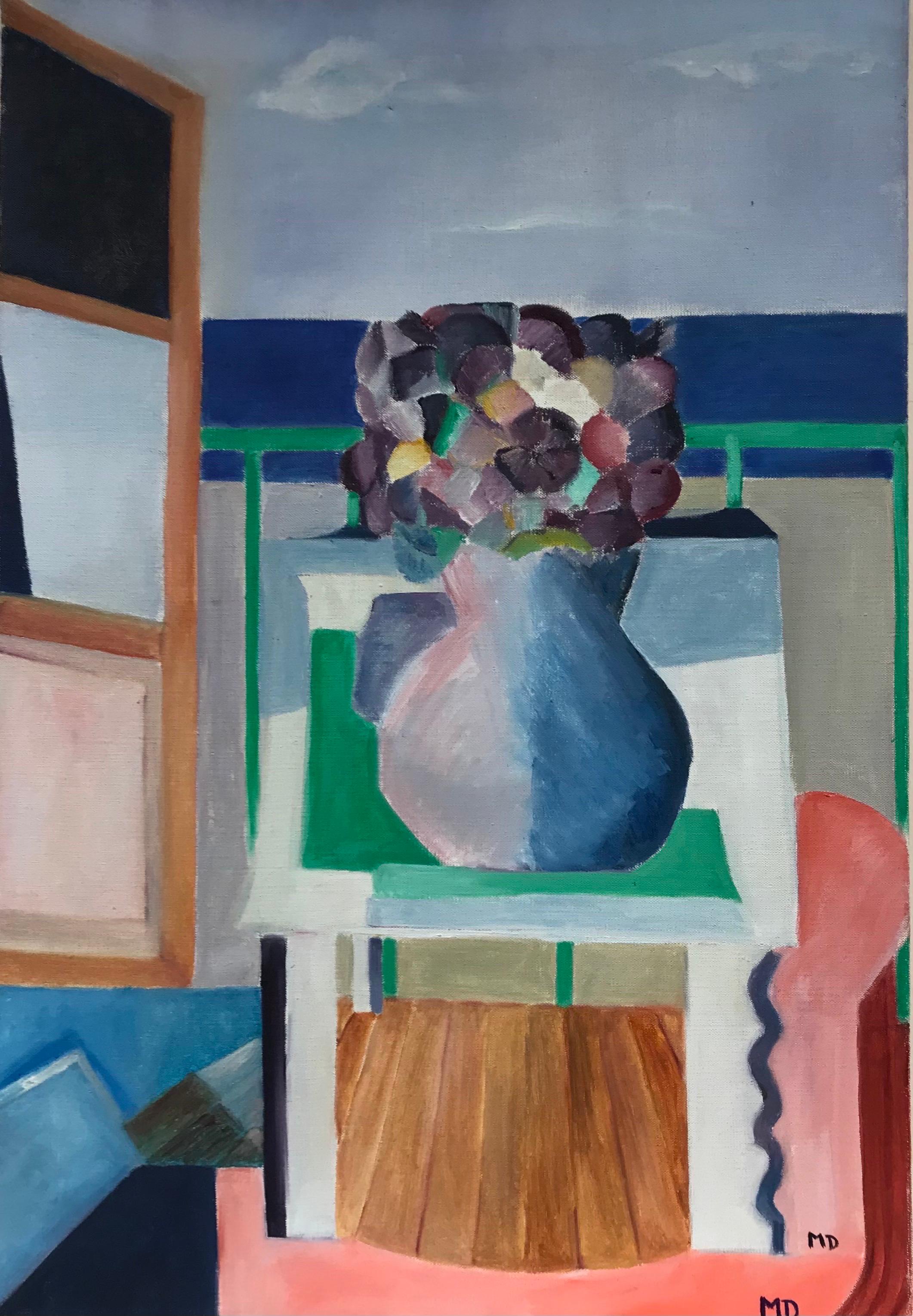 20th Century French School Abstract Painting – Leuchtend und farbenfrohes französisches kubistisches abstraktes Ölgemälde Blumen in Vase, 20. Jahrhundert