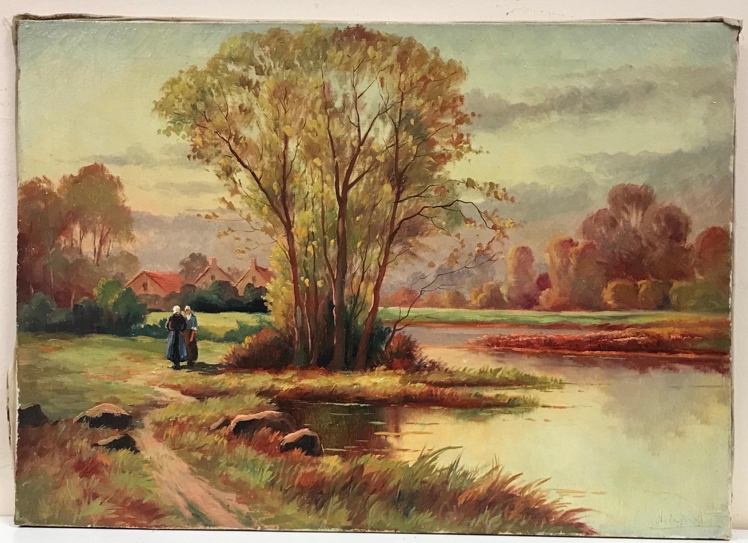 Early 20th Century French Siged Oil Two Figures Autumn Landscape by Lake - Painting by 20th Century French School