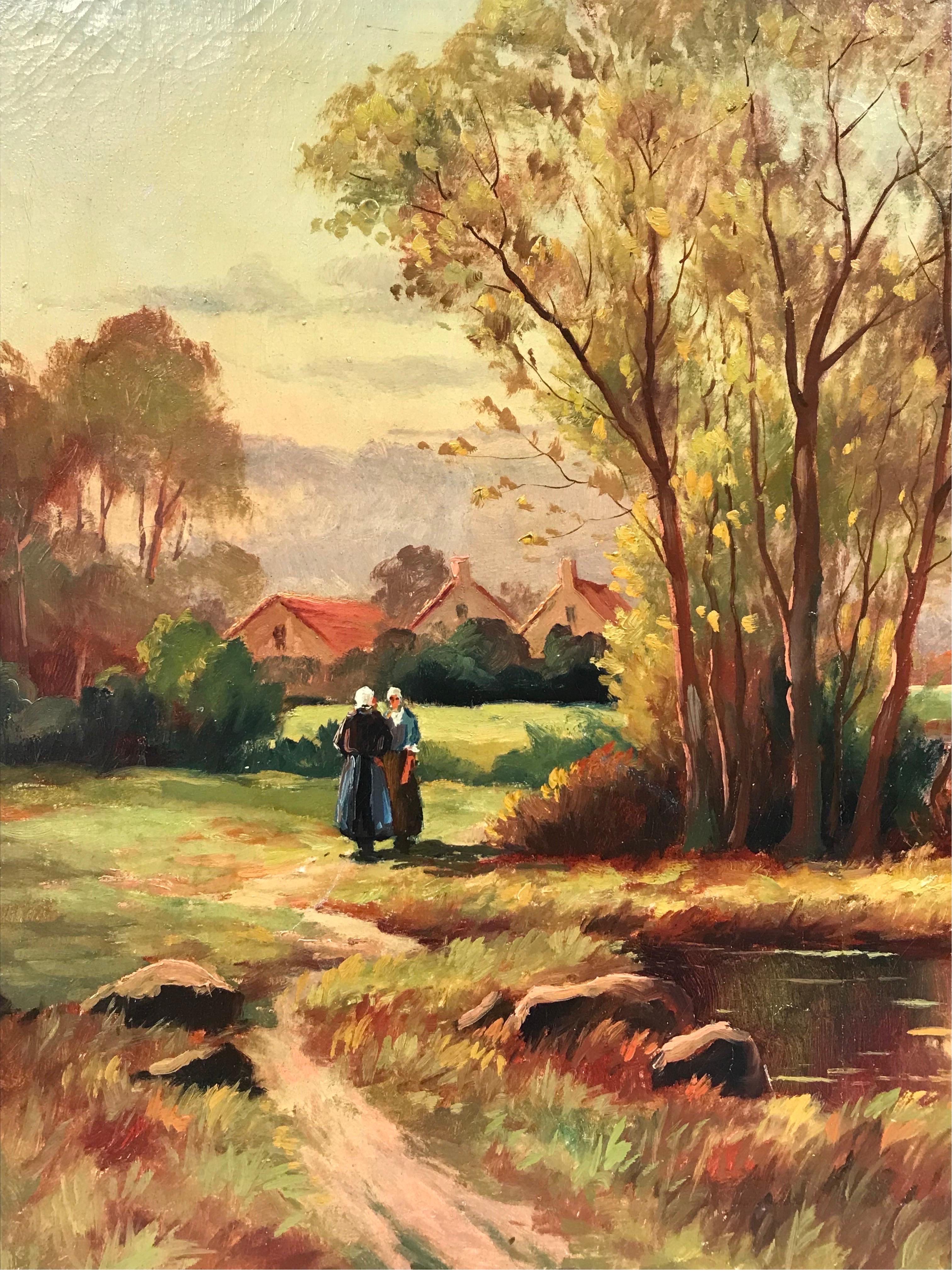 Early 20th Century French Siged Oil Two Figures Autumn Landscape by Lake - Brown Landscape Painting by 20th Century French School