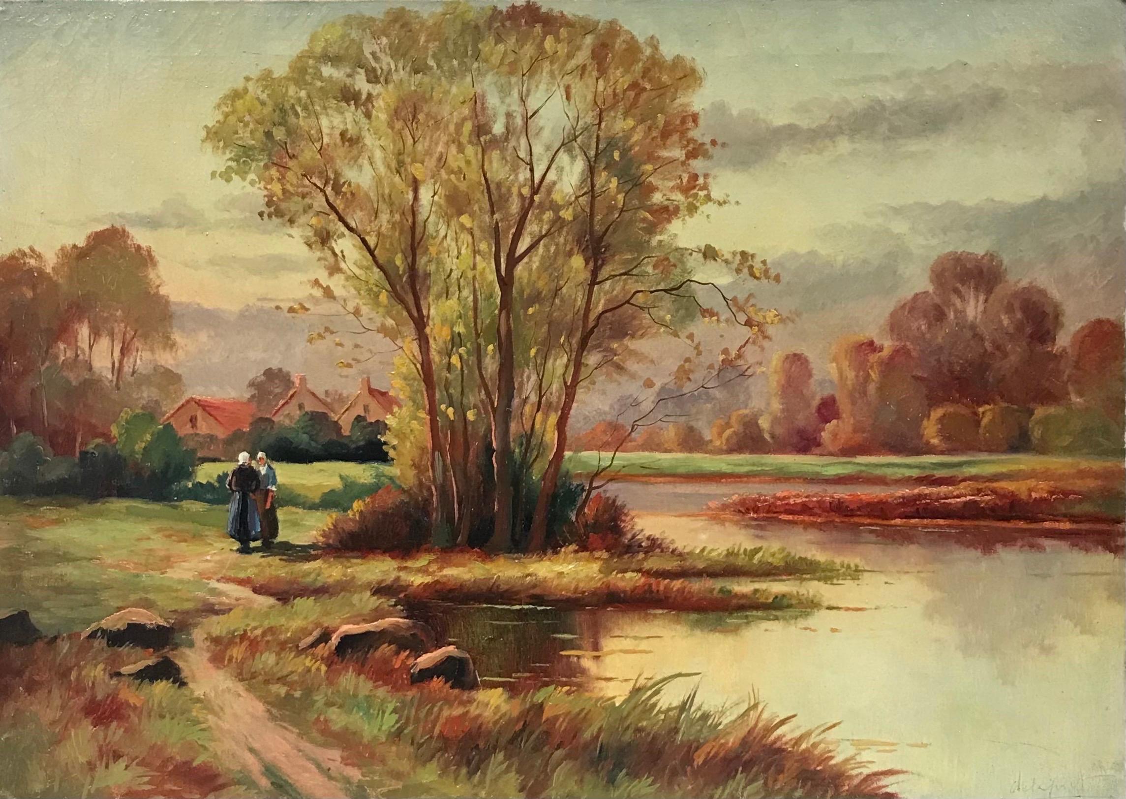 20th Century French School Landscape Painting - Early 20th Century French Siged Oil Two Figures Autumn Landscape by Lake