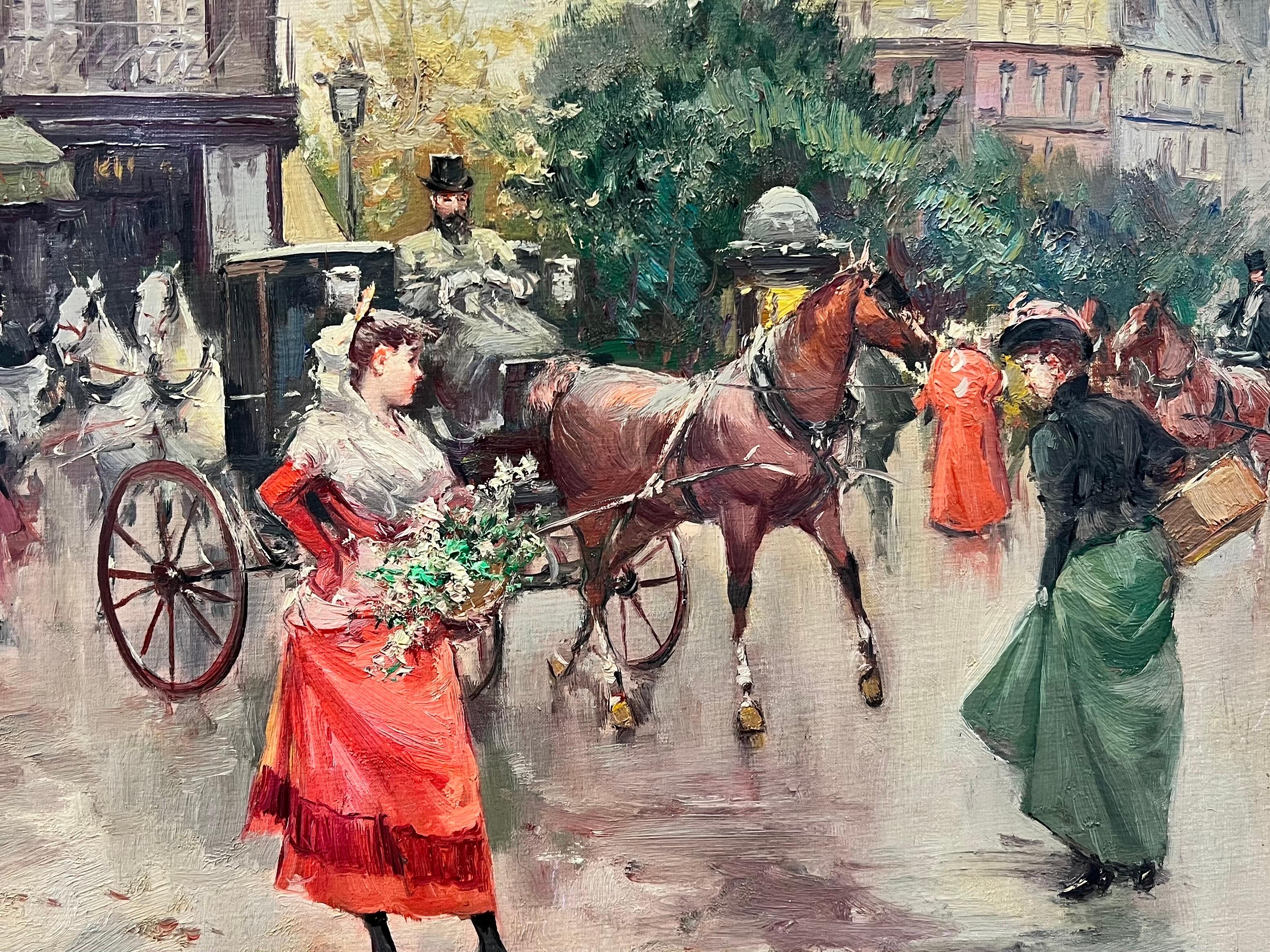 Elegant Belle Epoque Parisian Scene Horse & Carriage Flower Sellers & Ladies - Painting by 20th Century French School