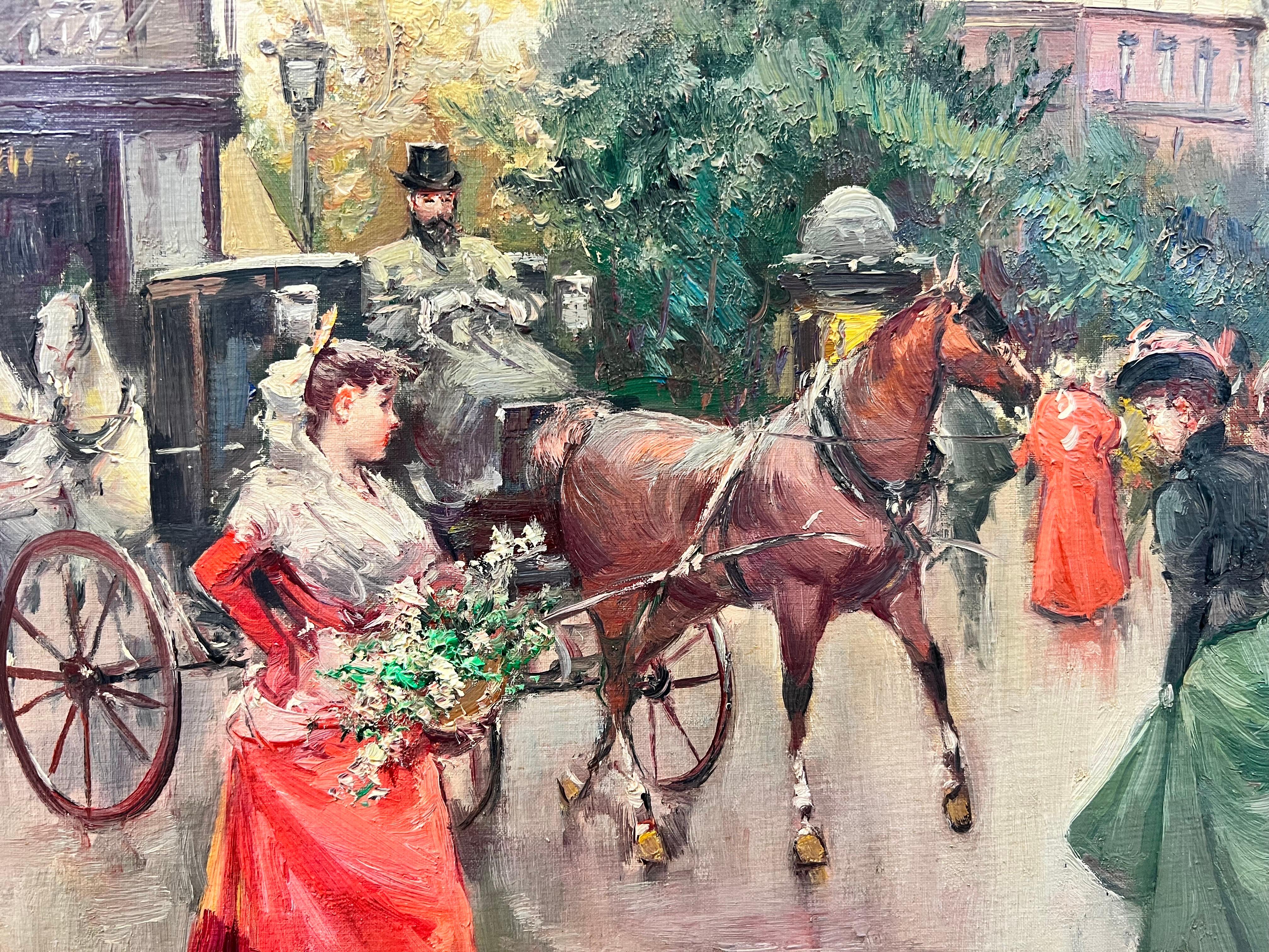 Elegante Belle Epoque Pariser Szene Pferd & Kutsche Blumen Sellers & Damen (Viktorianisch), Painting, von 20th Century French School