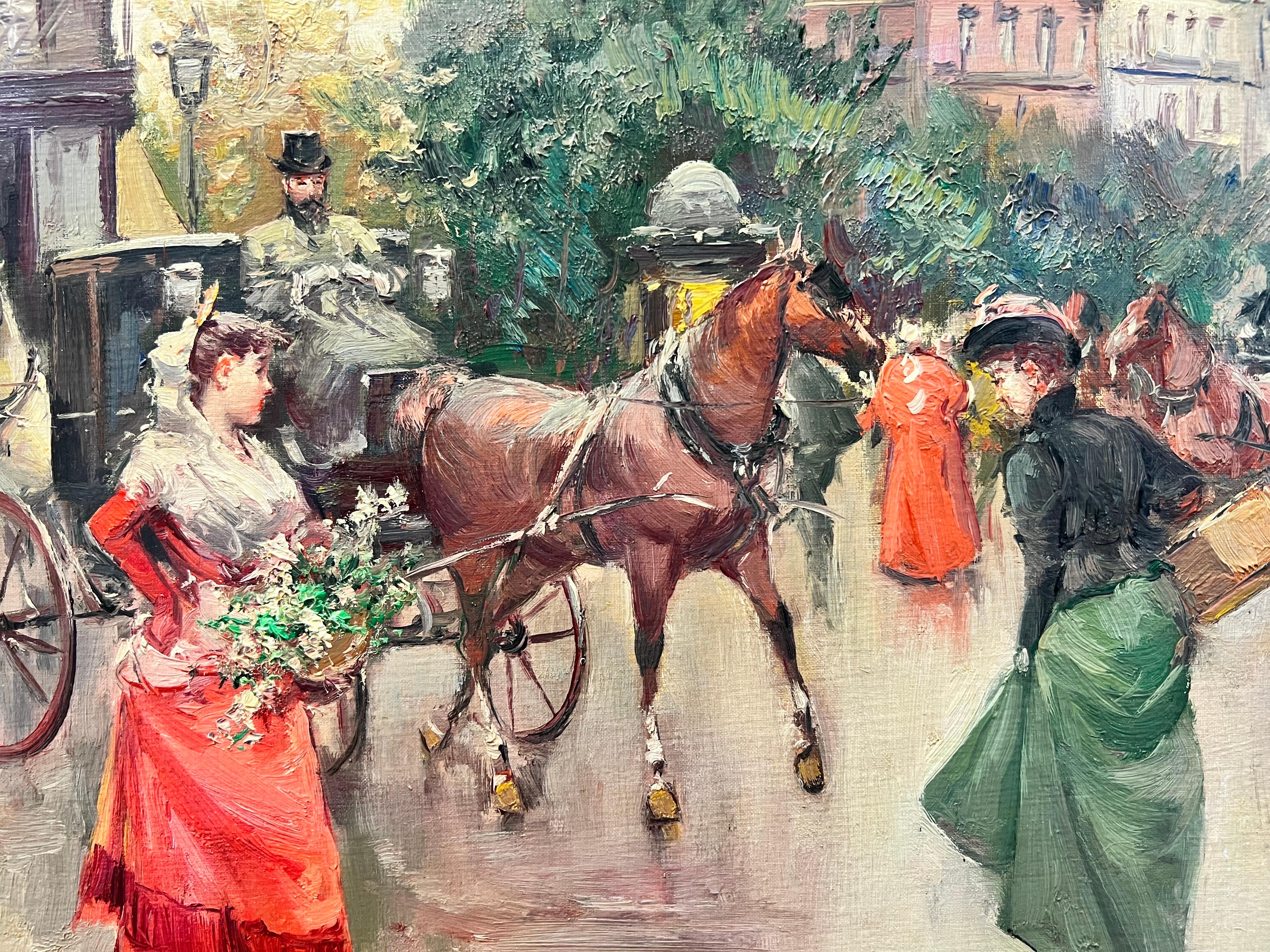 Elegante Belle Epoque Pariser Szene Pferd & Kutsche Blumen Sellers & Damen im Angebot 1