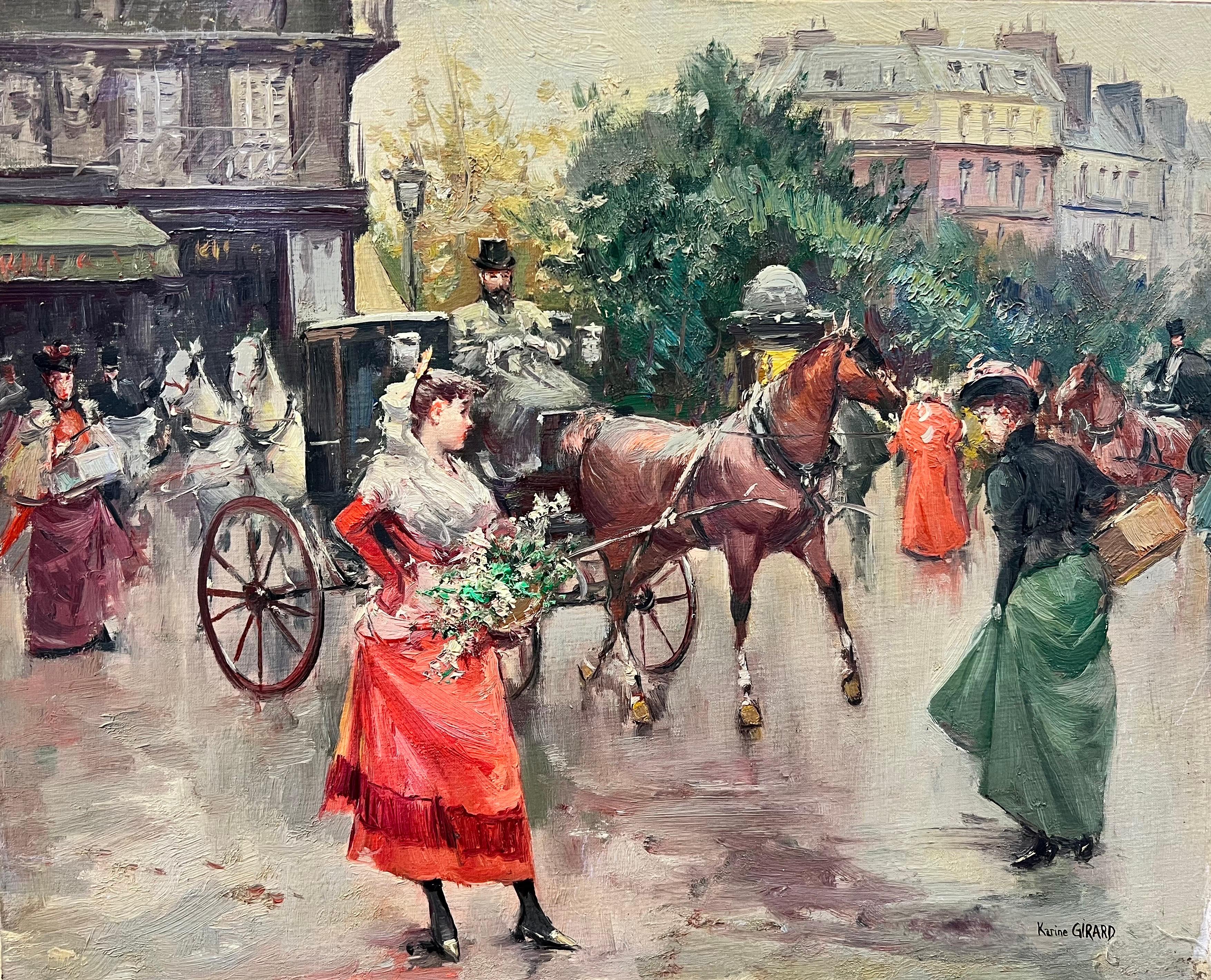 20th Century French School Landscape Painting - Elegant Belle Epoque Parisian Scene Horse & Carriage Flower Sellers & Ladies
