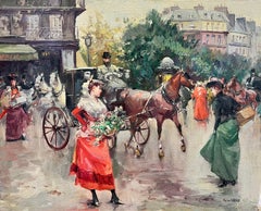 Elegant Belle Epoque Parisian Scene Horse & Carriage Flower Sellers & Ladies