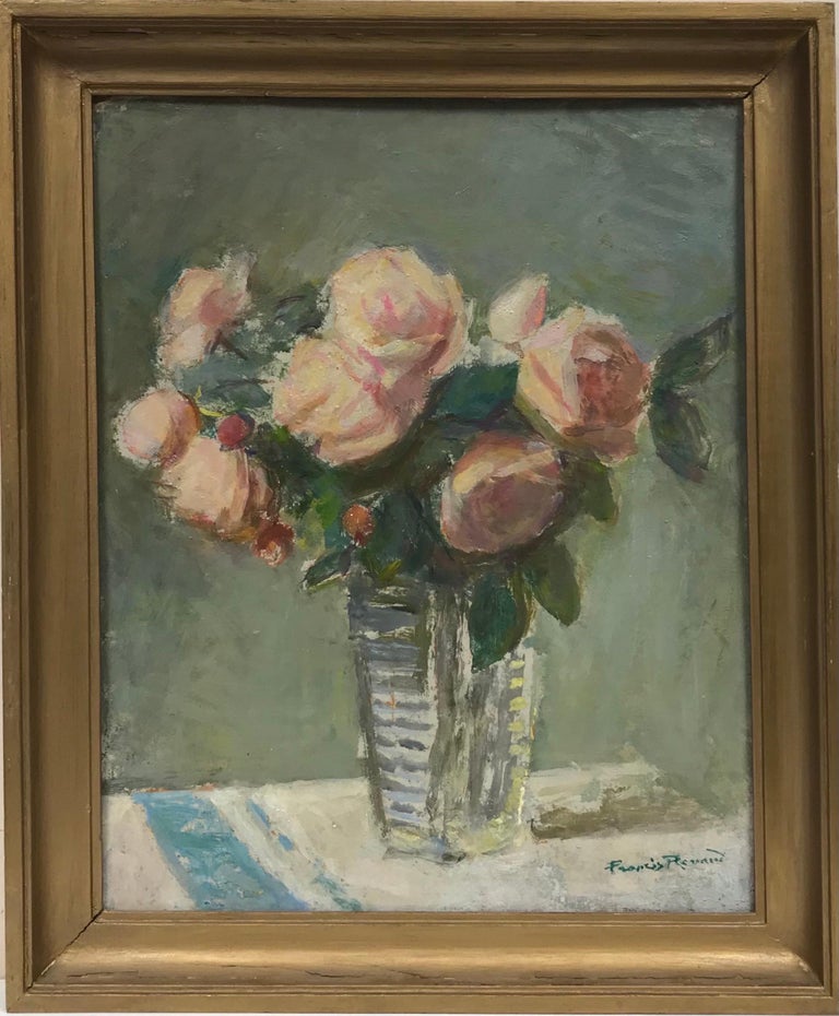 Fine Mid 20th Century French Impressionist Oil - Pink Roses in Vase, signed - Painting by 20th Century French School