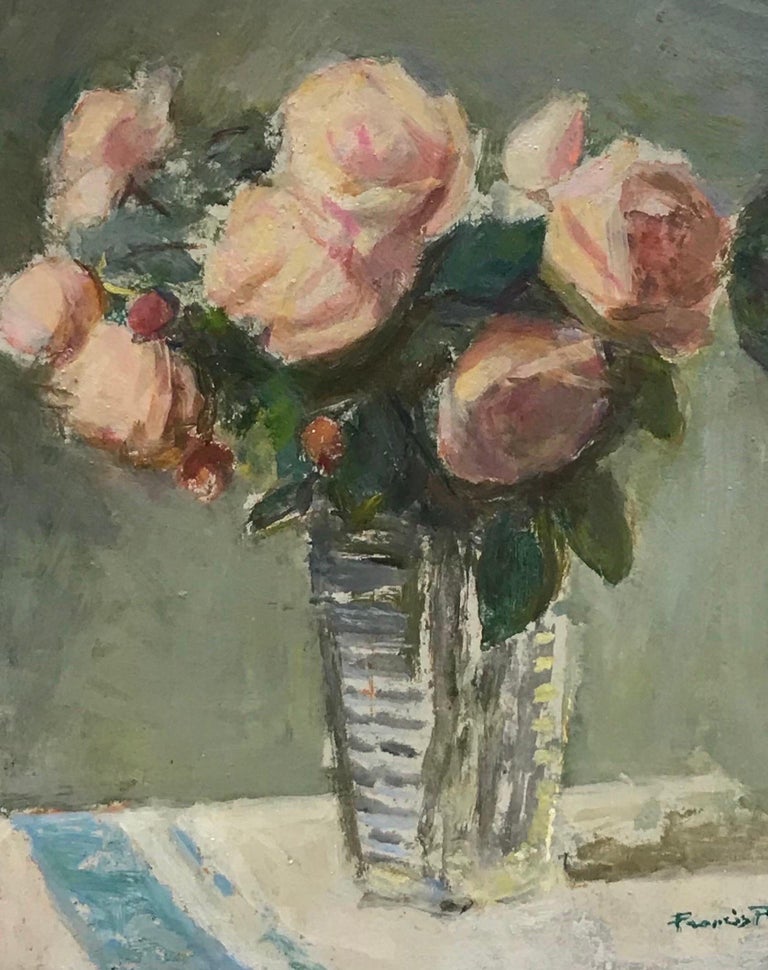 Artist/ School: French School, mid 20th century, signed lower corner

Title: Roses in a Vase

Medium: oil on board, framed

Framed: 19 x 15.5 inches
Board: 16 x 13 inches

Provenance: private collection, France

Condition: The painting is in overall