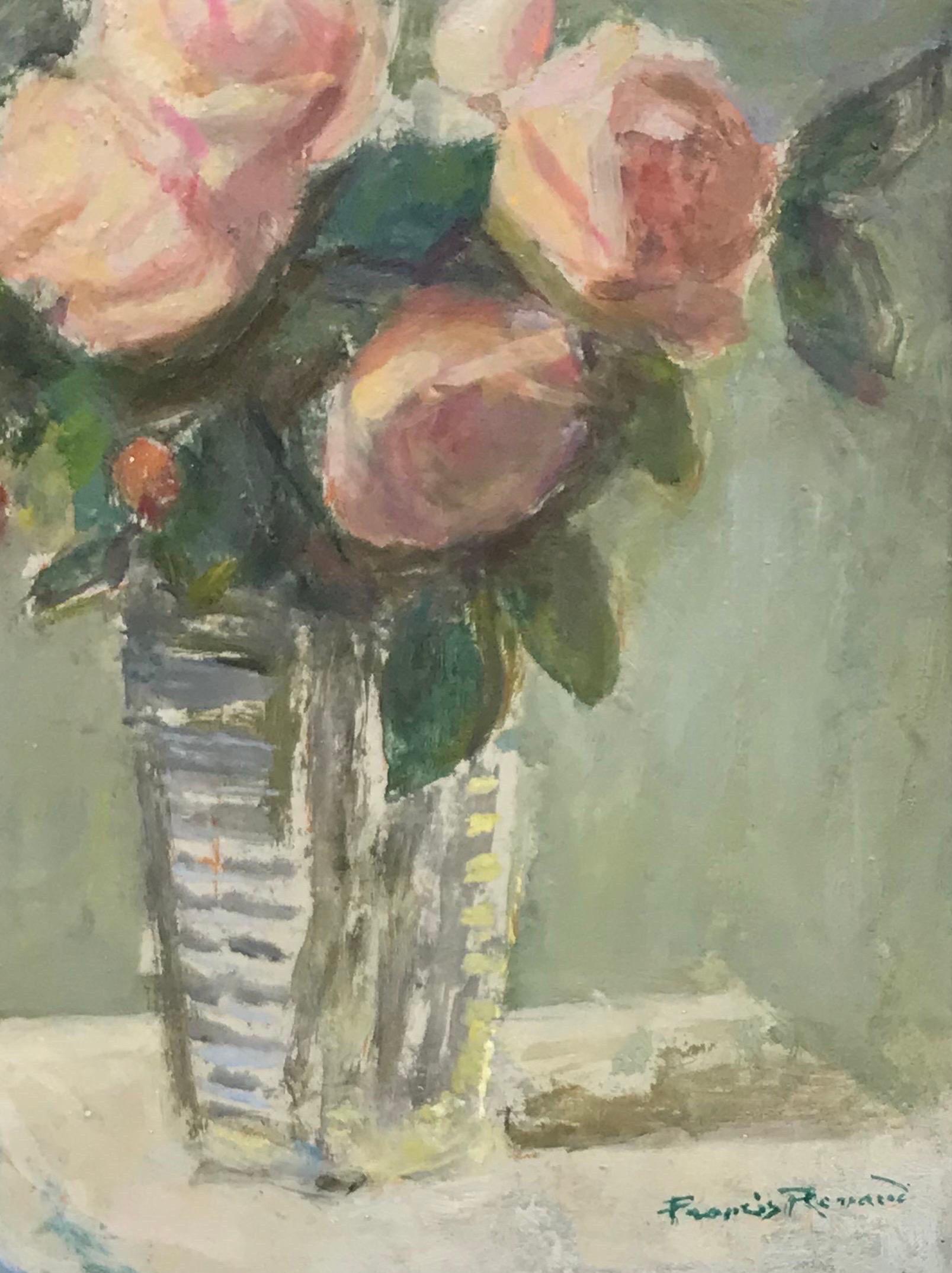 Fine Mid 20th Century French Impressionist Oil - Pink Roses in Vase, signed 1