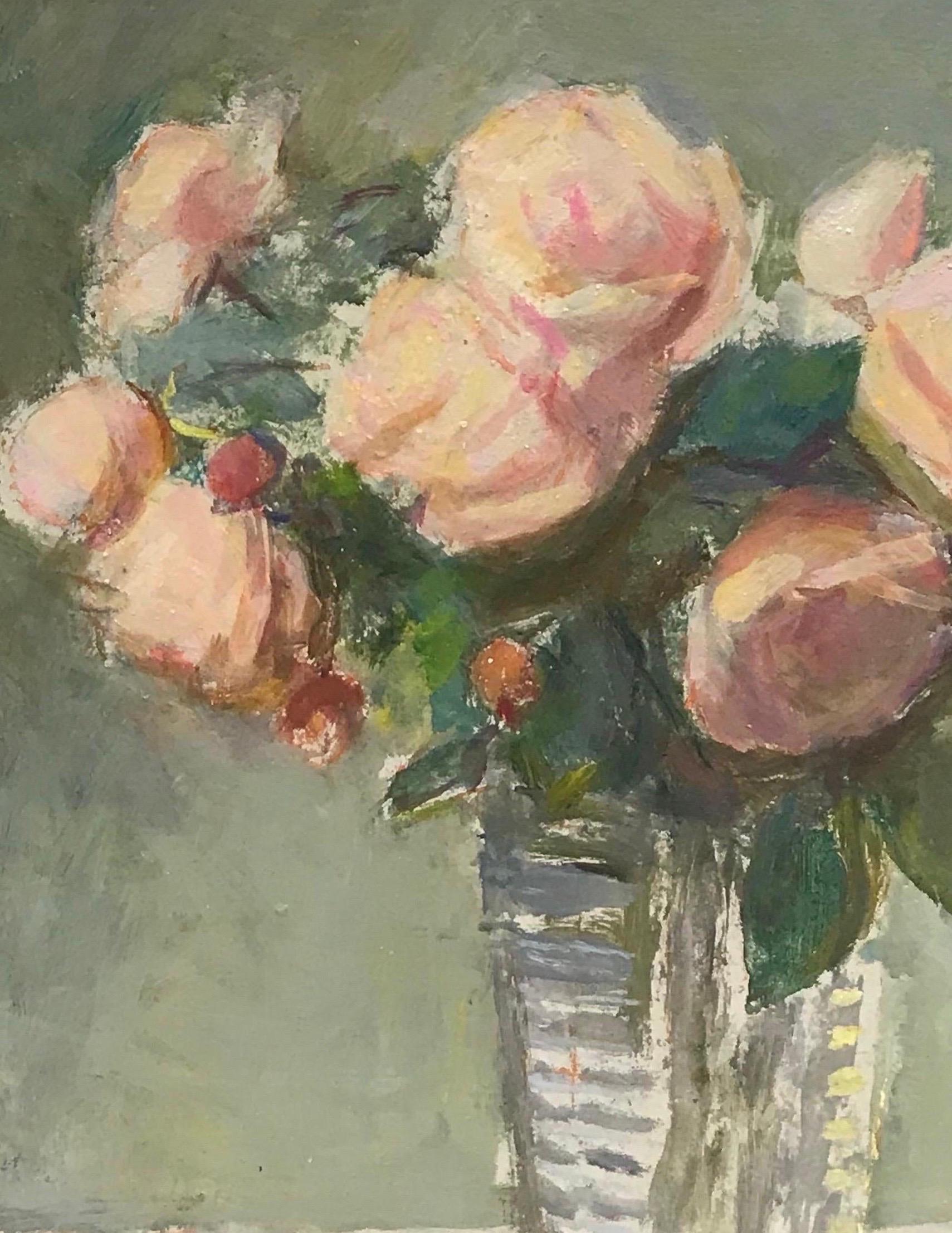 Fine Mid 20th Century French Impressionist Oil - Pink Roses in Vase, signed 2