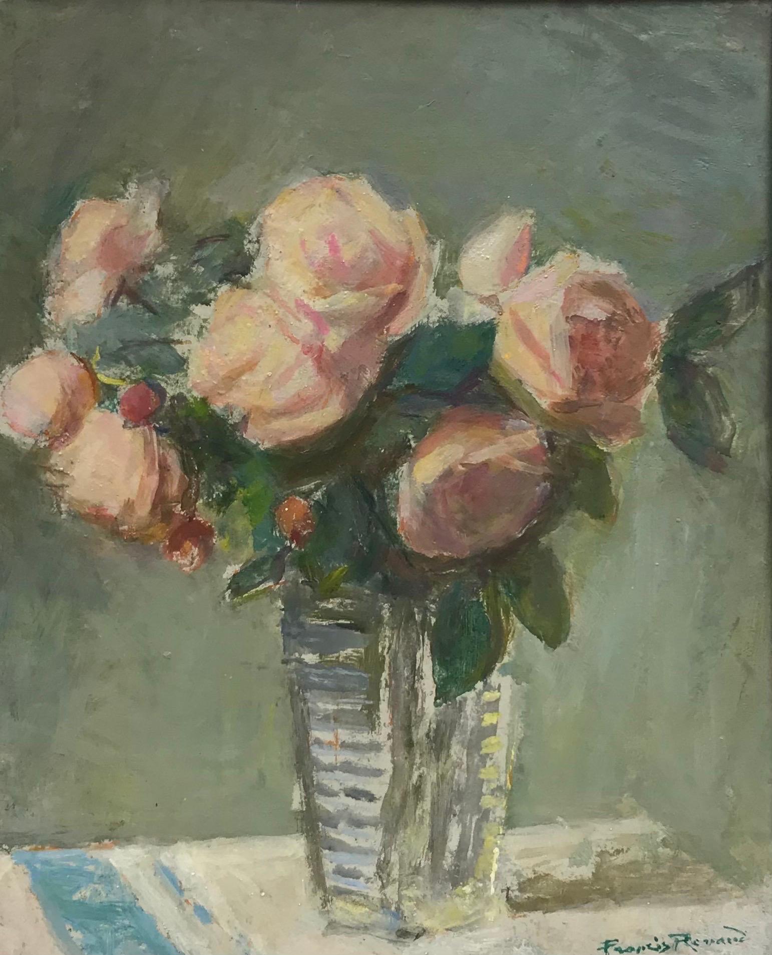 Fine Mid 20th Century French Impressionist Oil - Pink Roses in Vase, signed