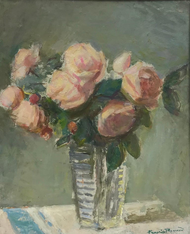 20th Century French School Interior Painting - Fine Mid 20th Century French Impressionist Oil - Pink Roses in Vase, signed