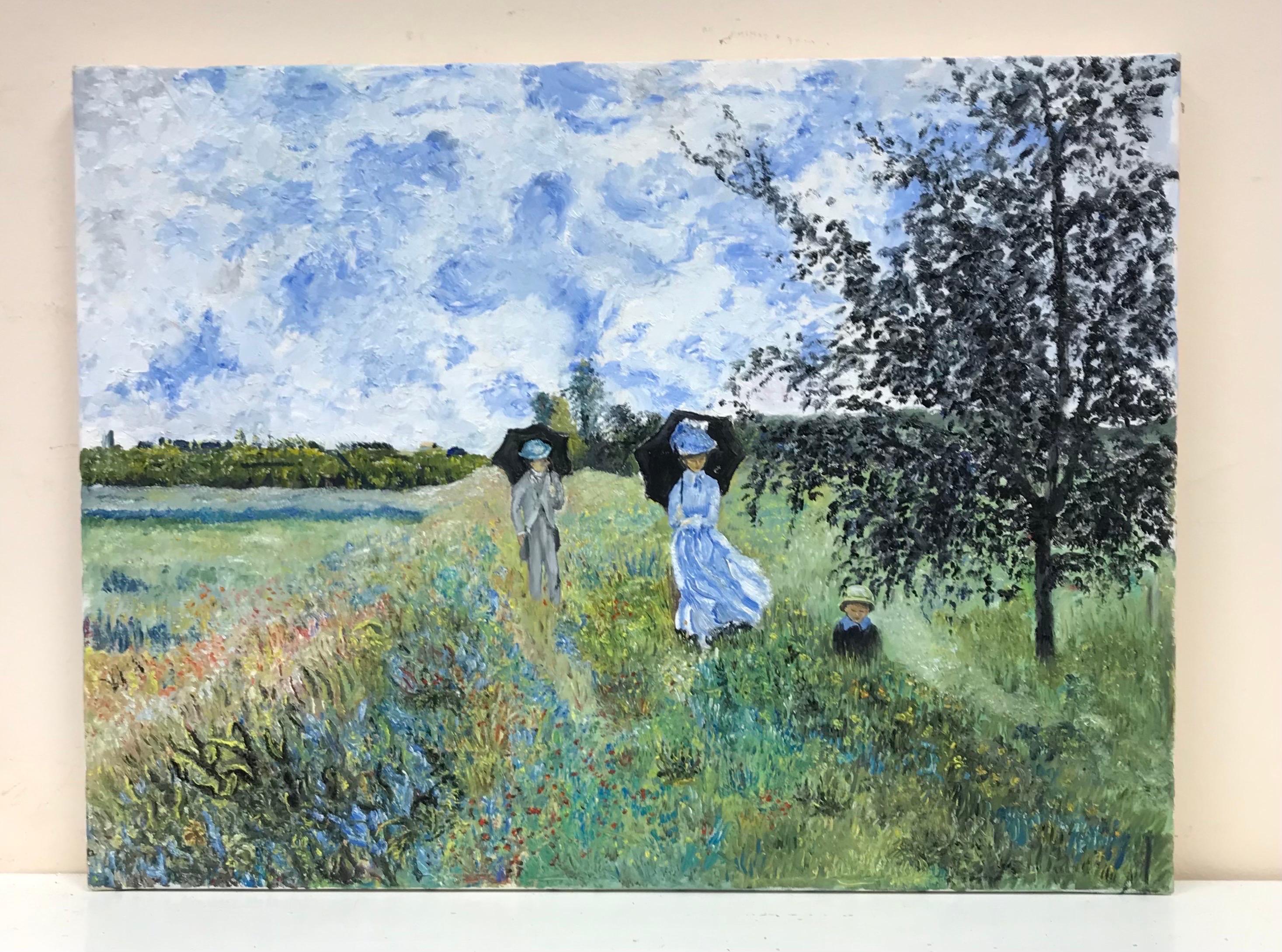 French Impressionist Oil on Canvas Elegant Family with Parasols Walking in Field - Painting by 20th Century French School