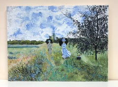 French Impressionist Oil on Canvas Elegant Family with Parasols Walking in Field