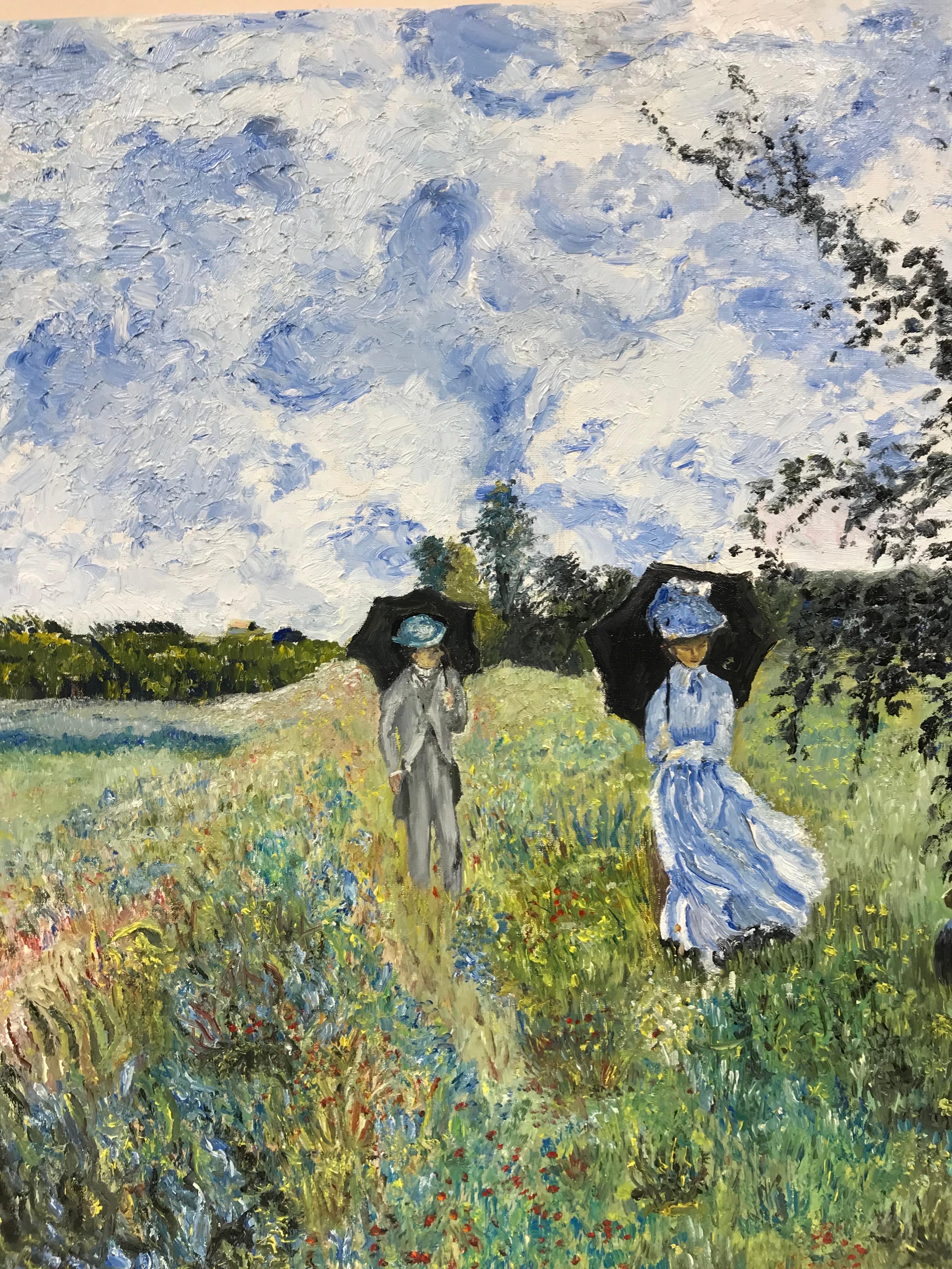 Elegante Familie mit Parasolen, im Feld, Öl auf Leinwand, im französischen Impressionismus (Grau), Figurative Painting, von 20th Century French School