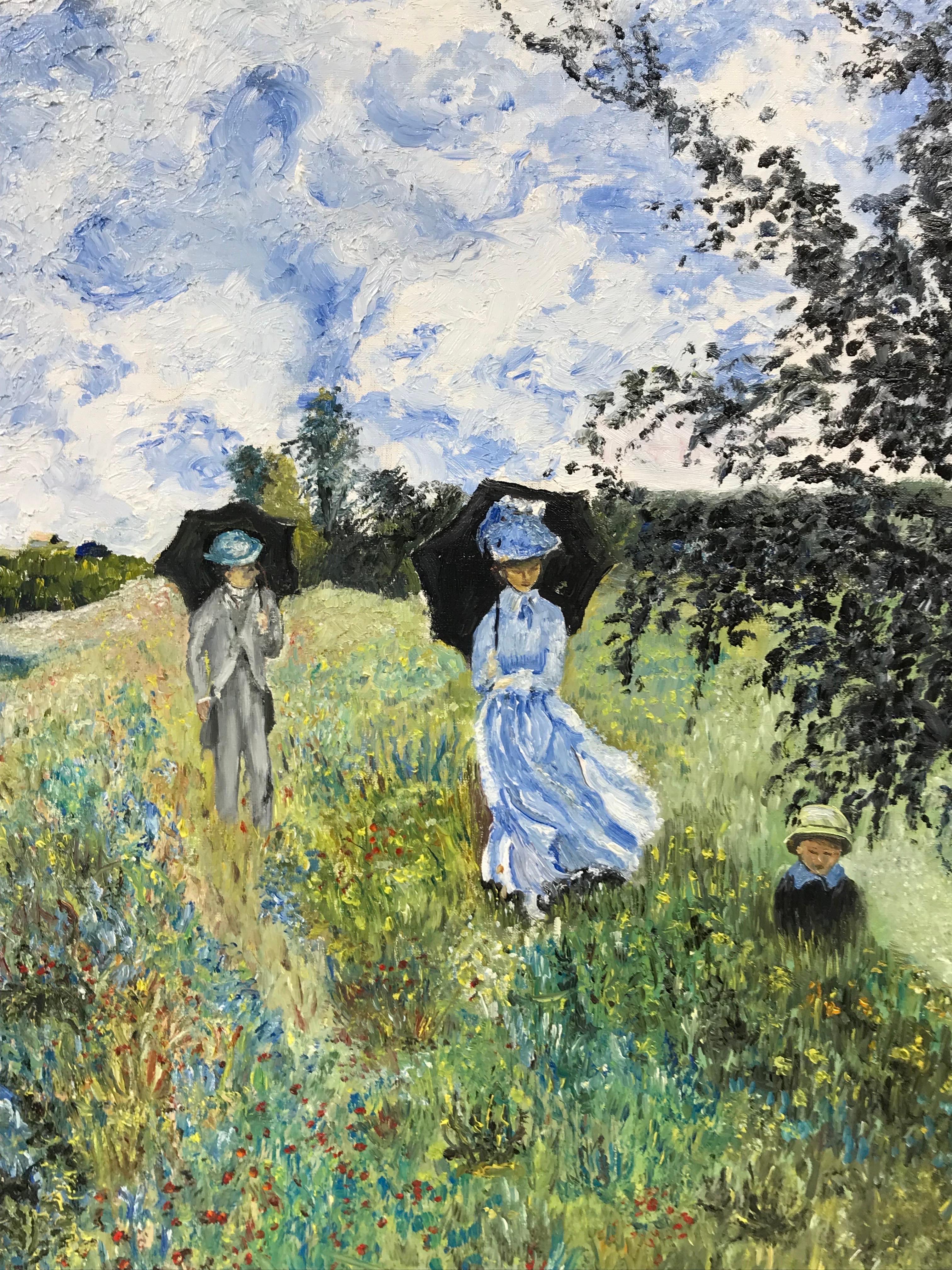 French Impressionist Oil on Canvas Elegant Family with Parasols Walking in Field - Gray Figurative Painting by 20th Century French School