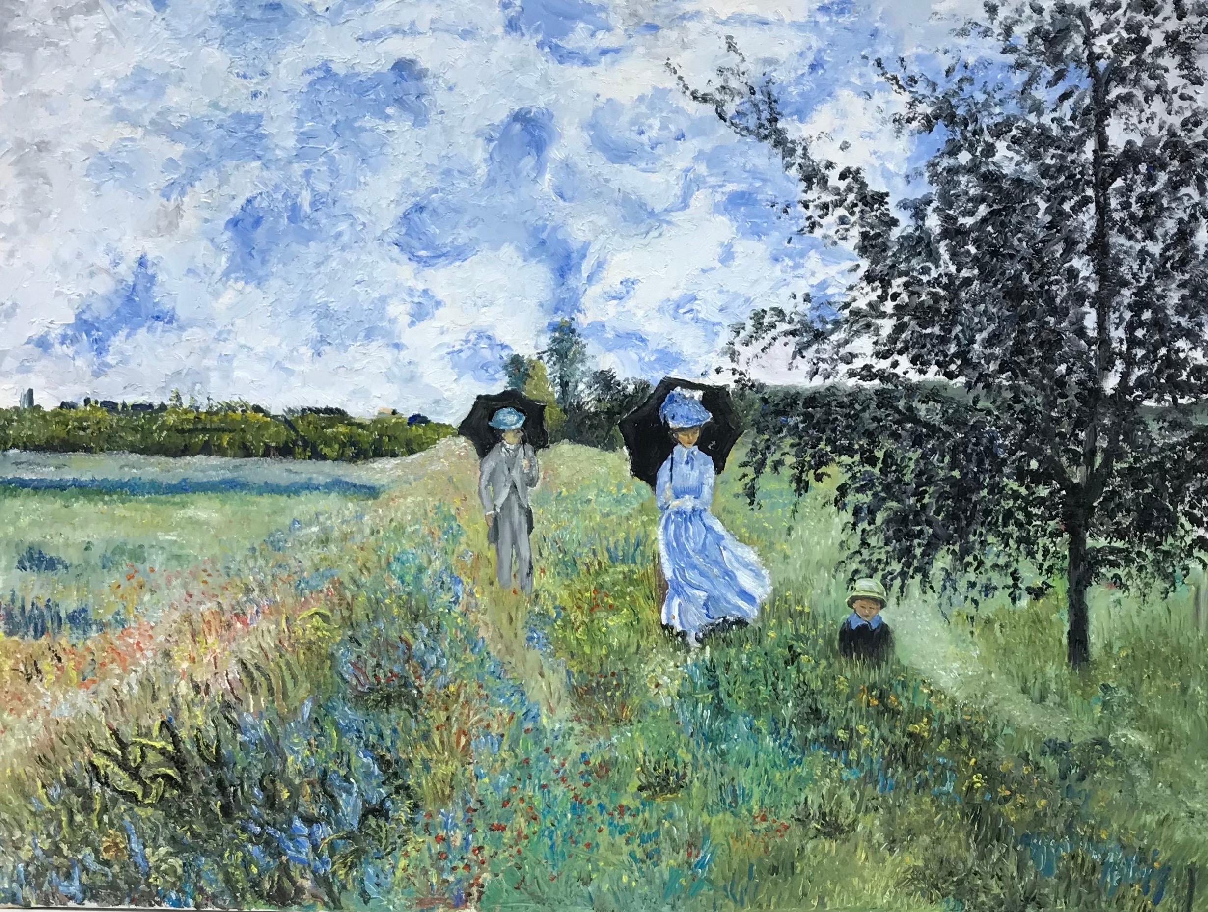 Figurative Painting de 20th Century French School - Óleo sobre lienzo impresionista francés Elegante familia con sombrillas paseando por el campo
