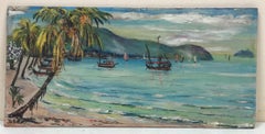 French Impressionist Oil Painting Blue Coast Landscape with Palm Trees