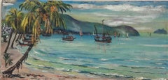 French Impressionist Oil Painting Blue Coast Landscape with Palm Trees