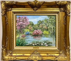 Peinture à l'huile impressionniste française signée Waterlily Pond, Giverny Monet's Gardens