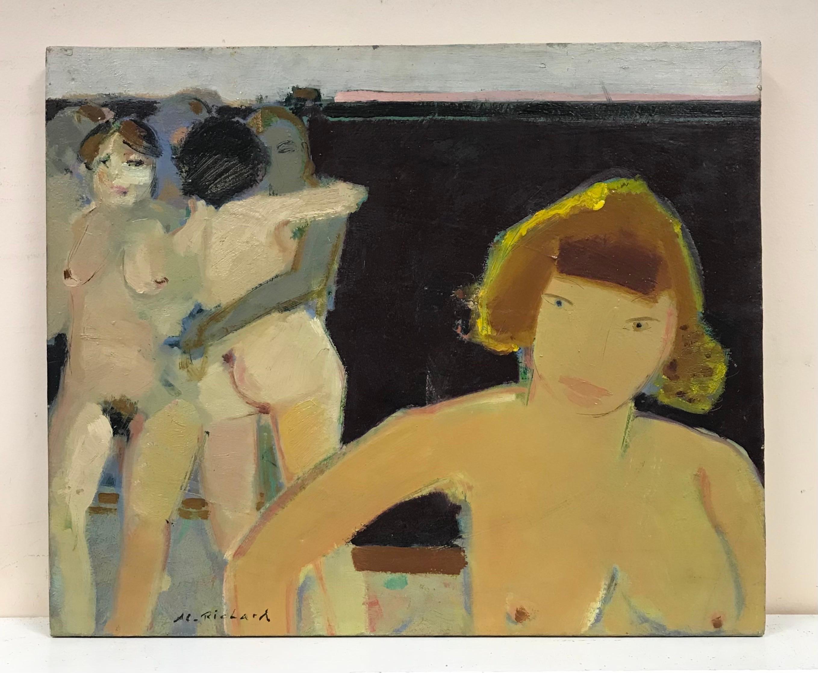 French Modernist Signed Oil - Nude Women Lovers Figurative Group, 20th century - Painting by 20th Century French School