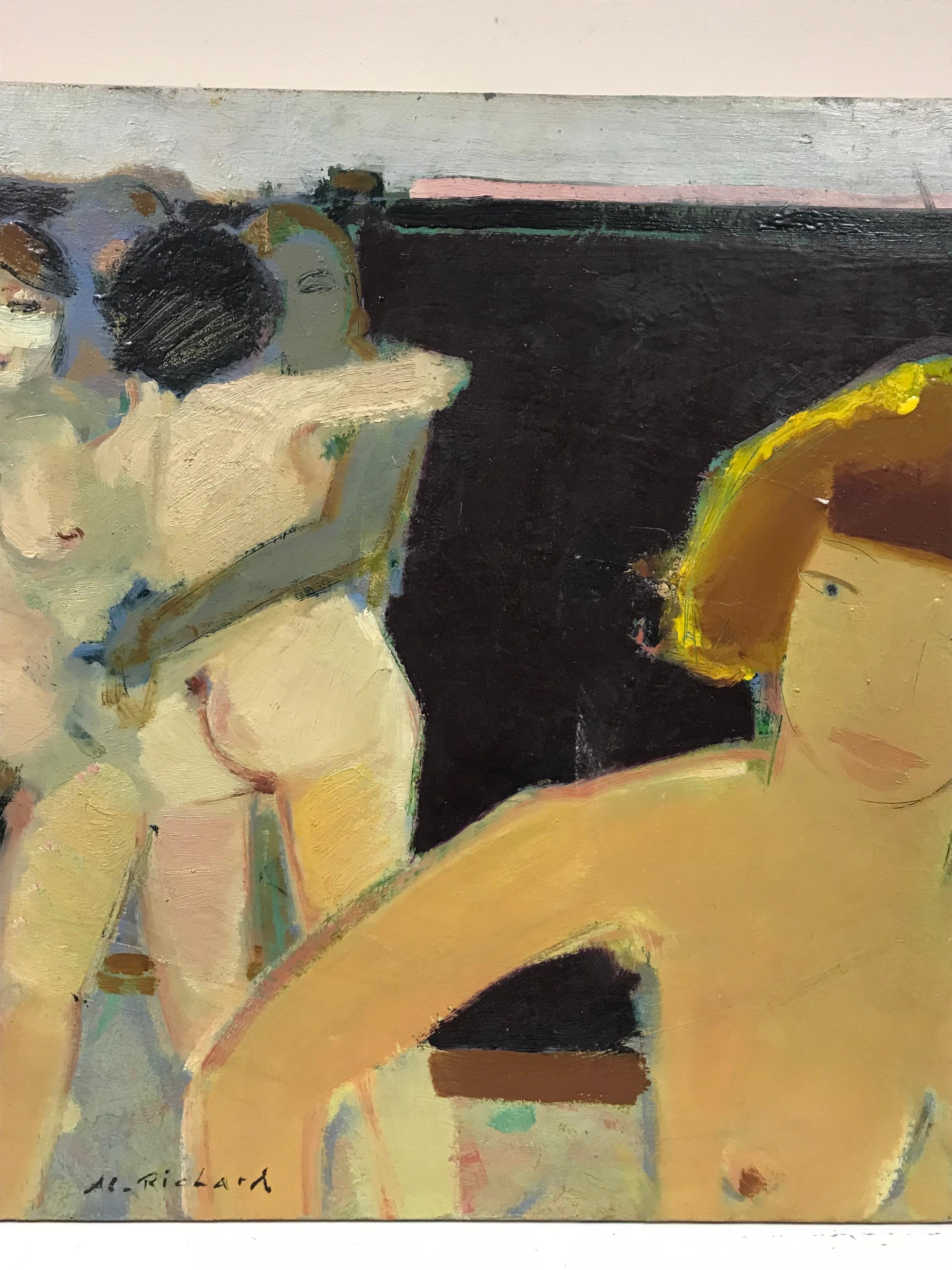 Huile signée par le moderniste français - Groupe figuratif de femmes nues amoureux, XXe siècle - Marron Nude Painting par 20th Century French School