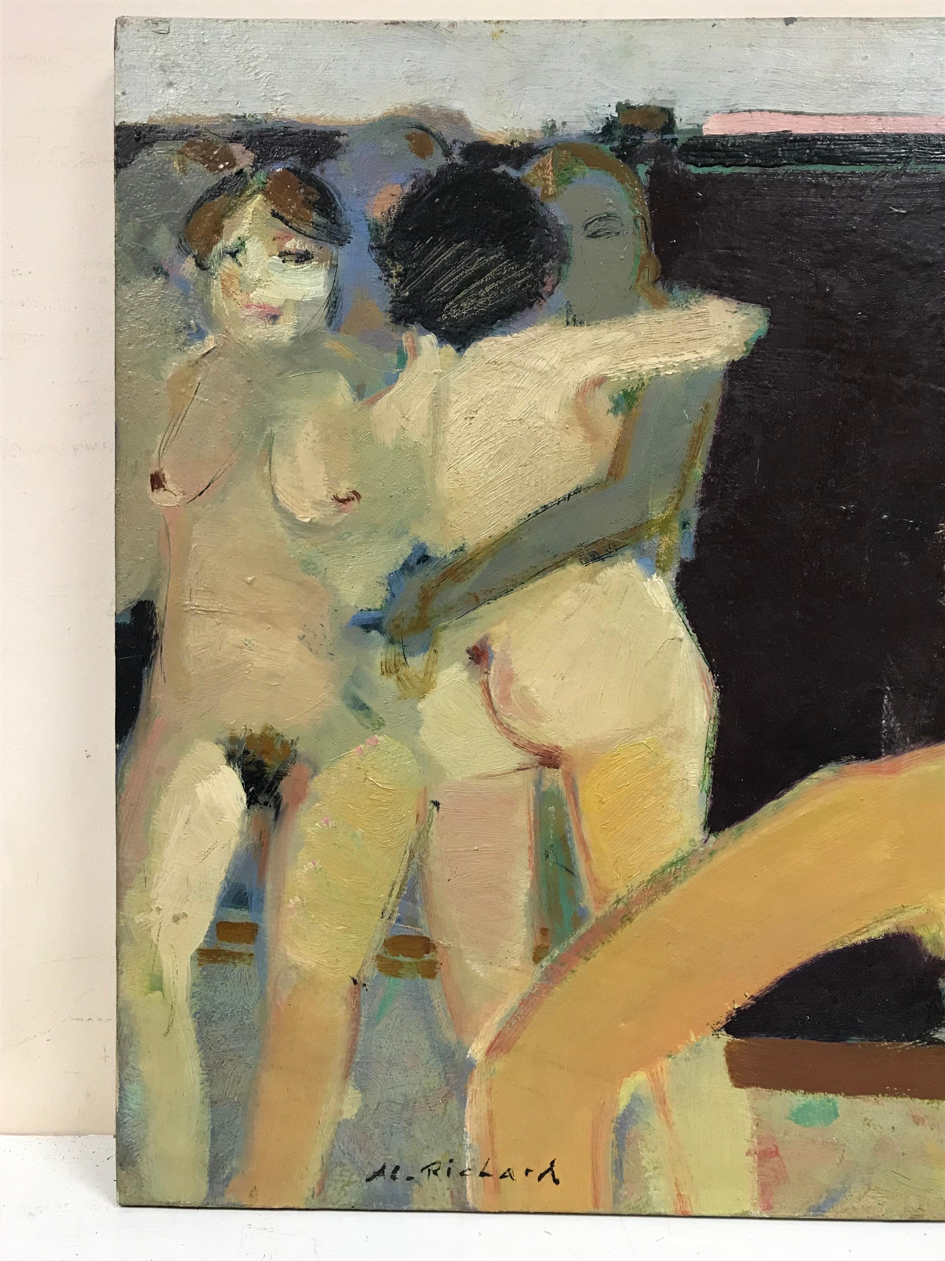 French Modernist Signed Oil - Nude Women Lovers Figurative Group, 20th century For Sale 1