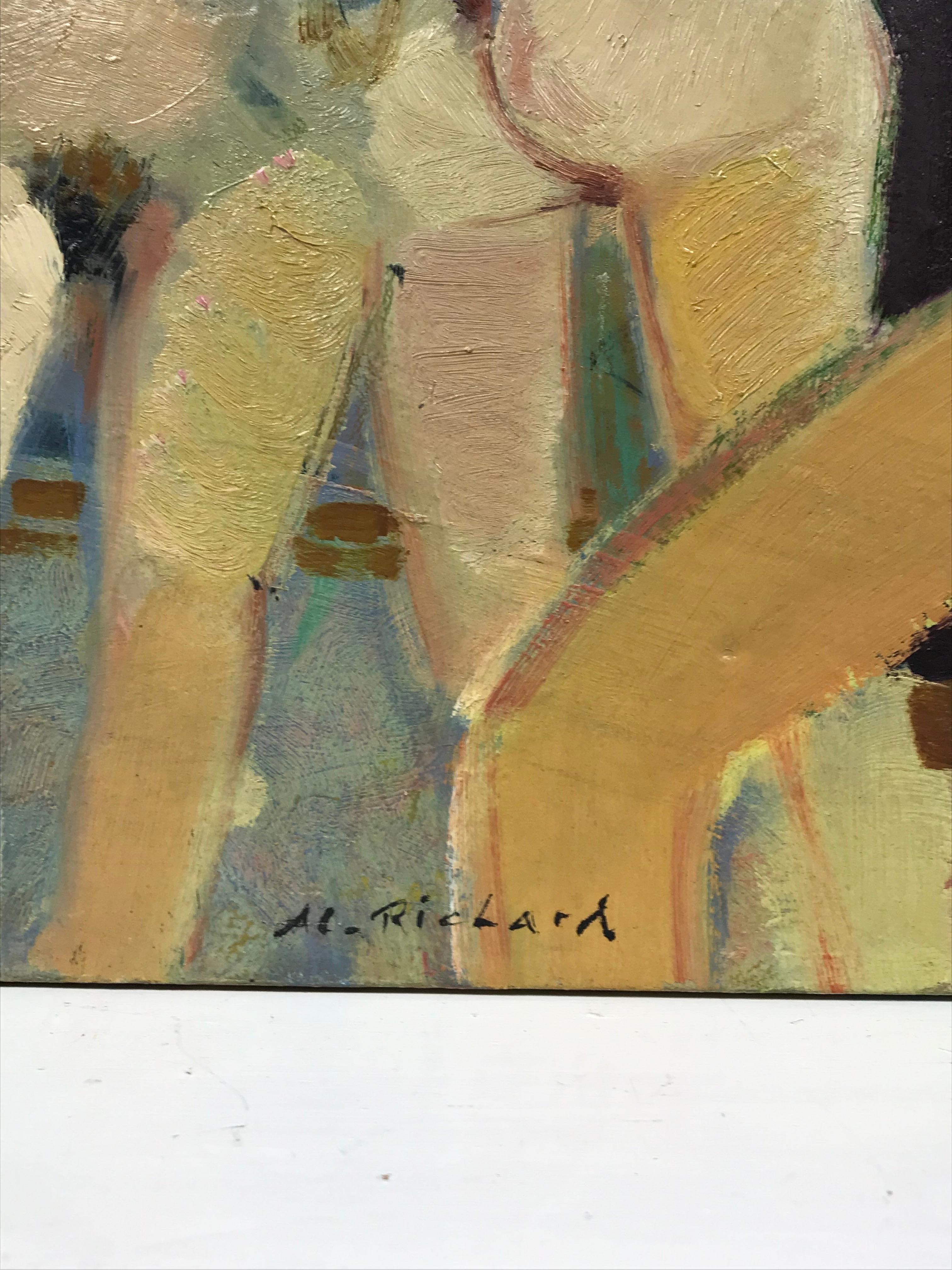 French Modernist Signed Oil - Nude Women Lovers Figurative Group, 20th century For Sale 2