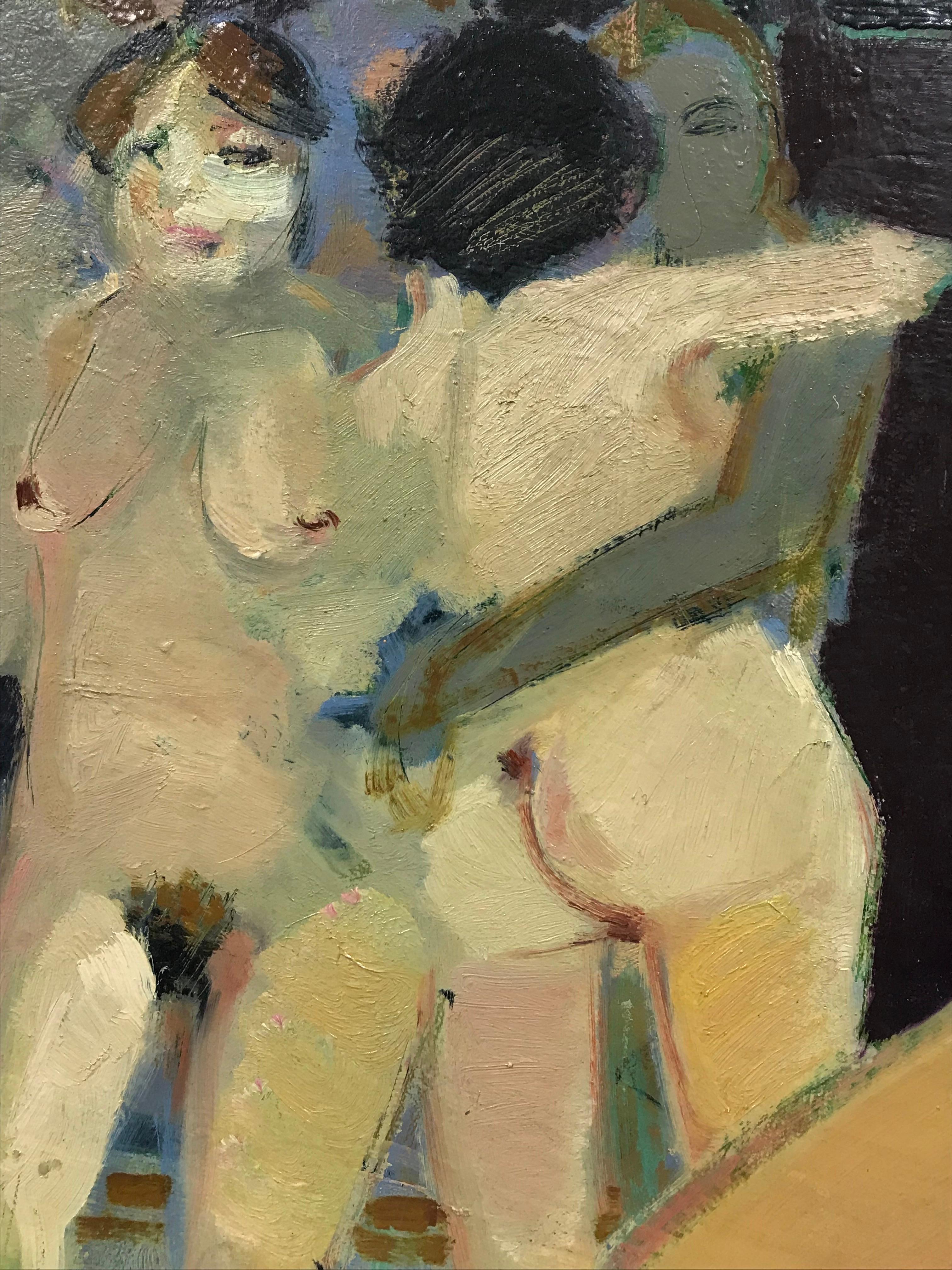 French Modernist Signed Oil - Nude Women Lovers Figurative Group, 20th century For Sale 3