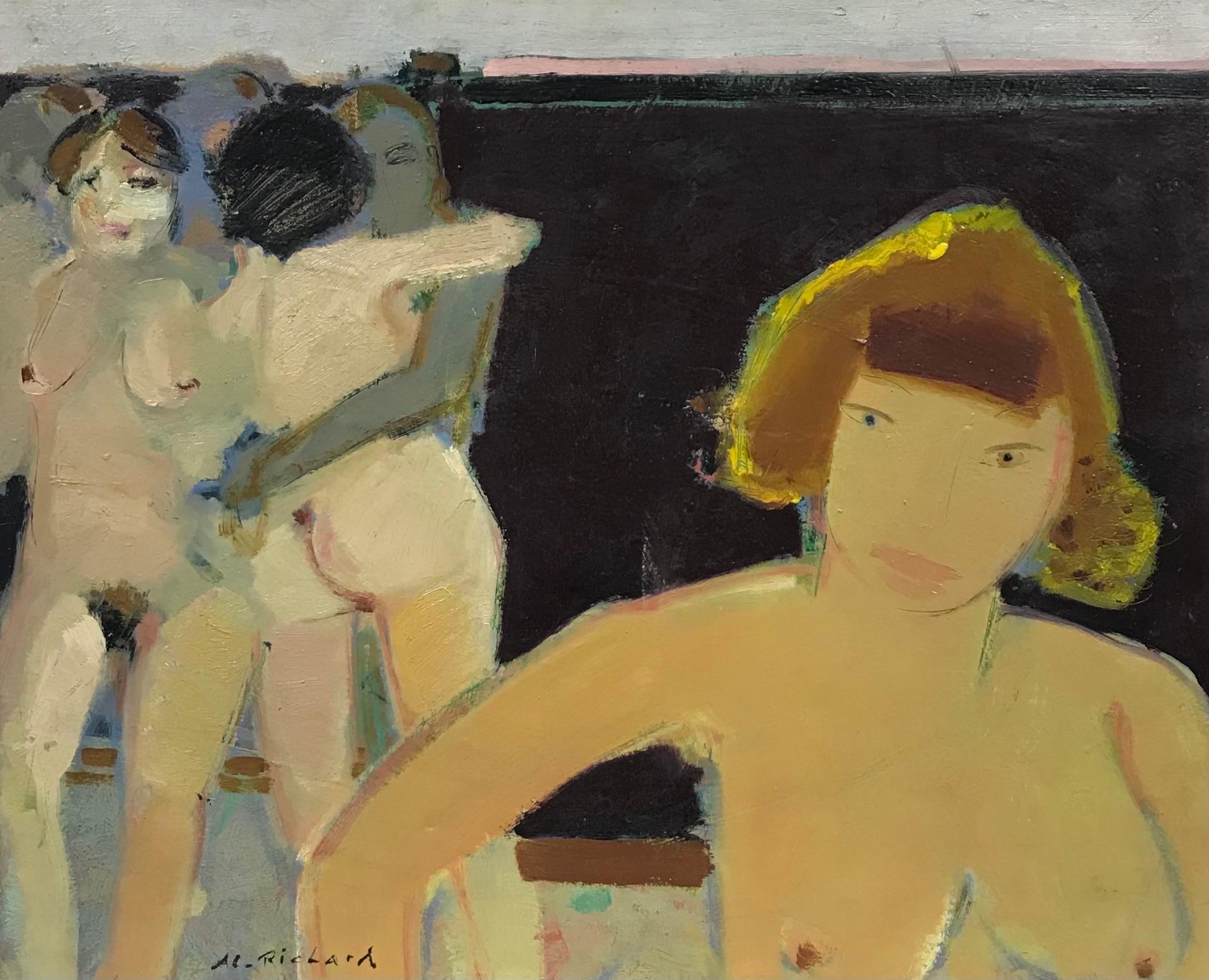 Nude Painting 20th Century French School - Huile signée par le moderniste français - Groupe figuratif de femmes nues amoureux, XXe siècle