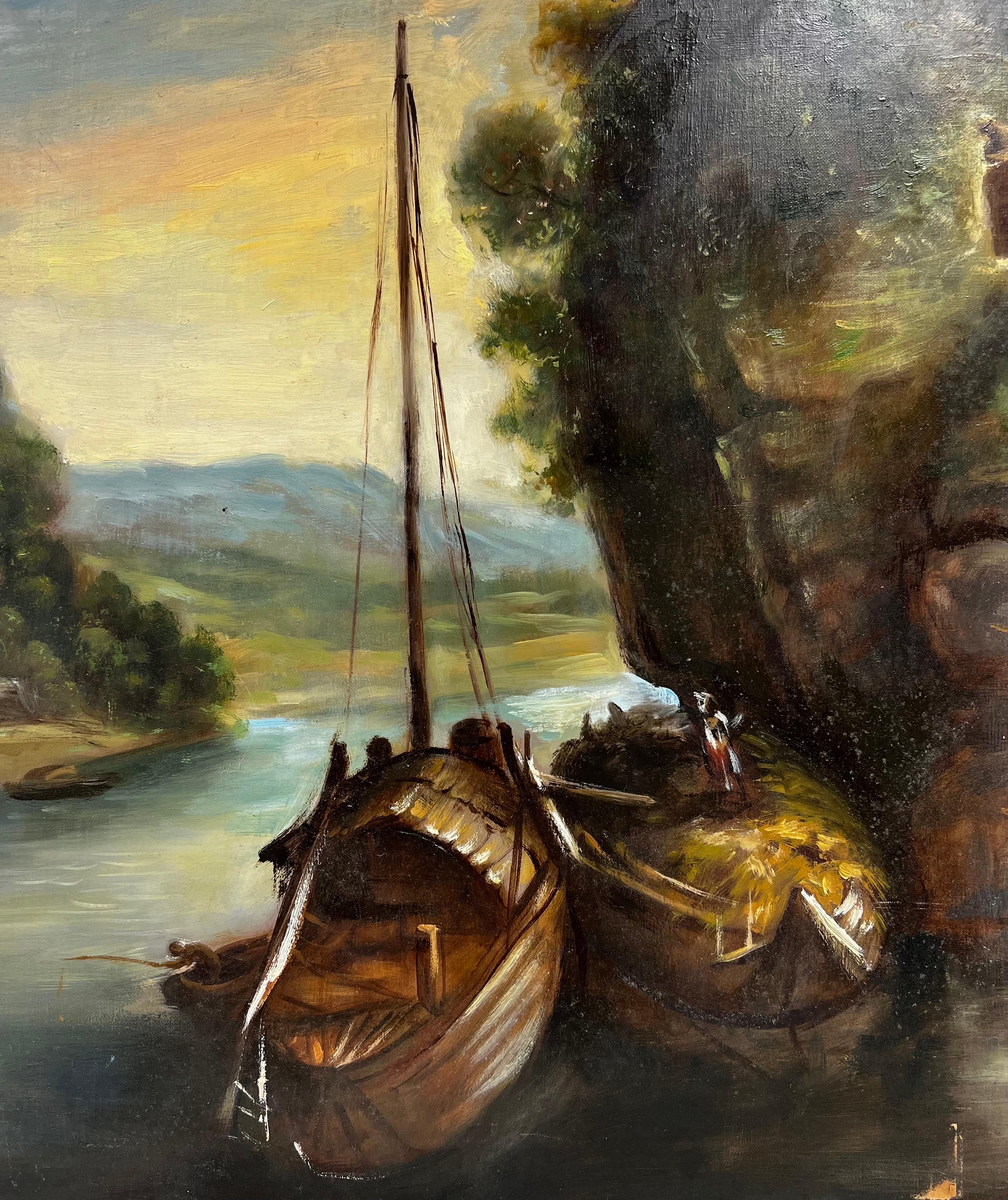 Artist/ School: French School, 20th century

Title: Riverside Boats

Medium: oil on canvas laid on board, unframed 

Canvas : 25 x 19 inches

Provenance: private collection, France

Condition: The painting is in overall sound condition though with a