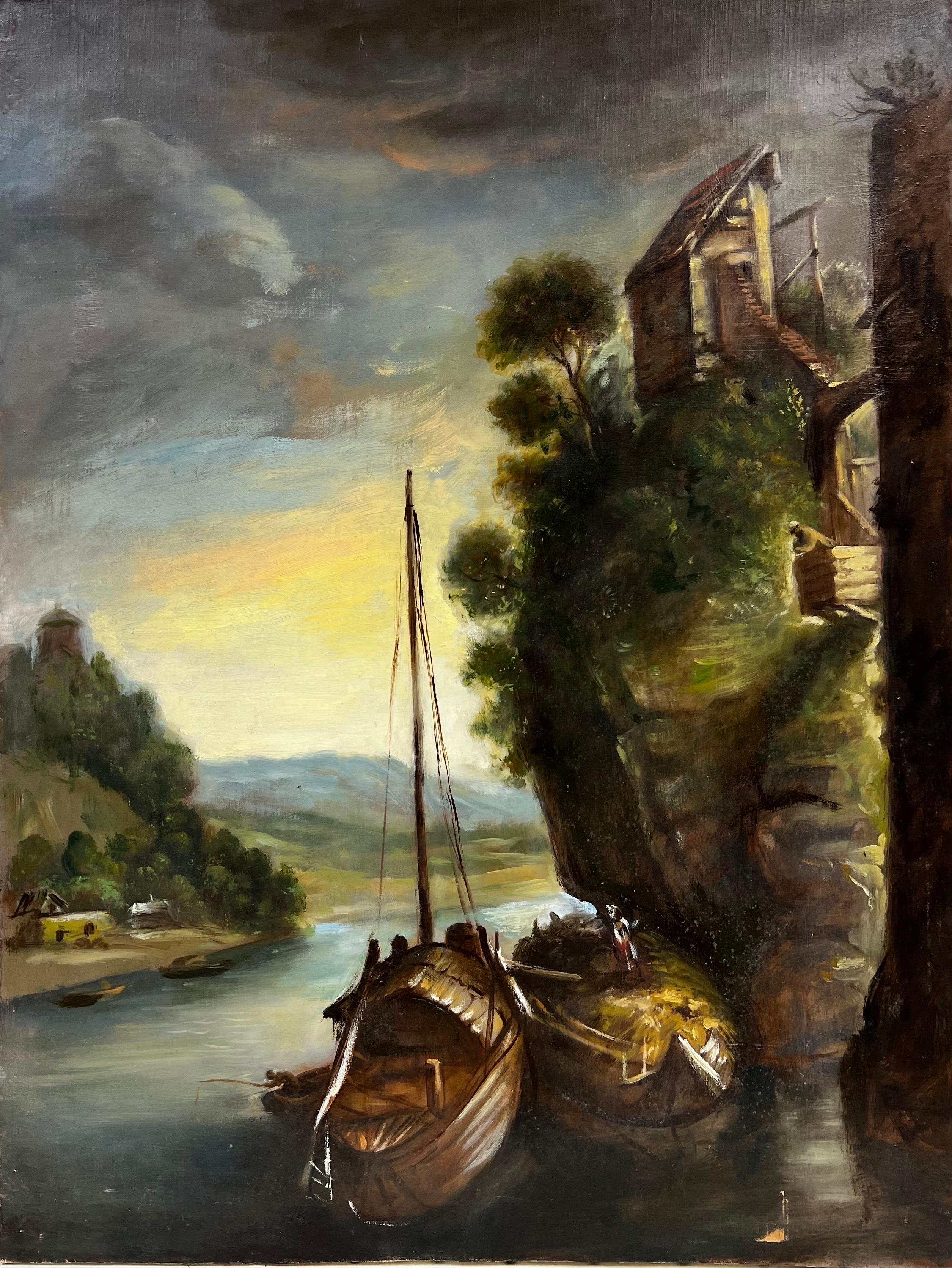 20th Century French School Landscape Painting - French Oil Painting Tranquil River Scene with Ferry Boats next to Old Buildings