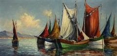 Huge 1950's French Oil Sleepy Med Fishing Boats Harbour Coastal Sunny Scene