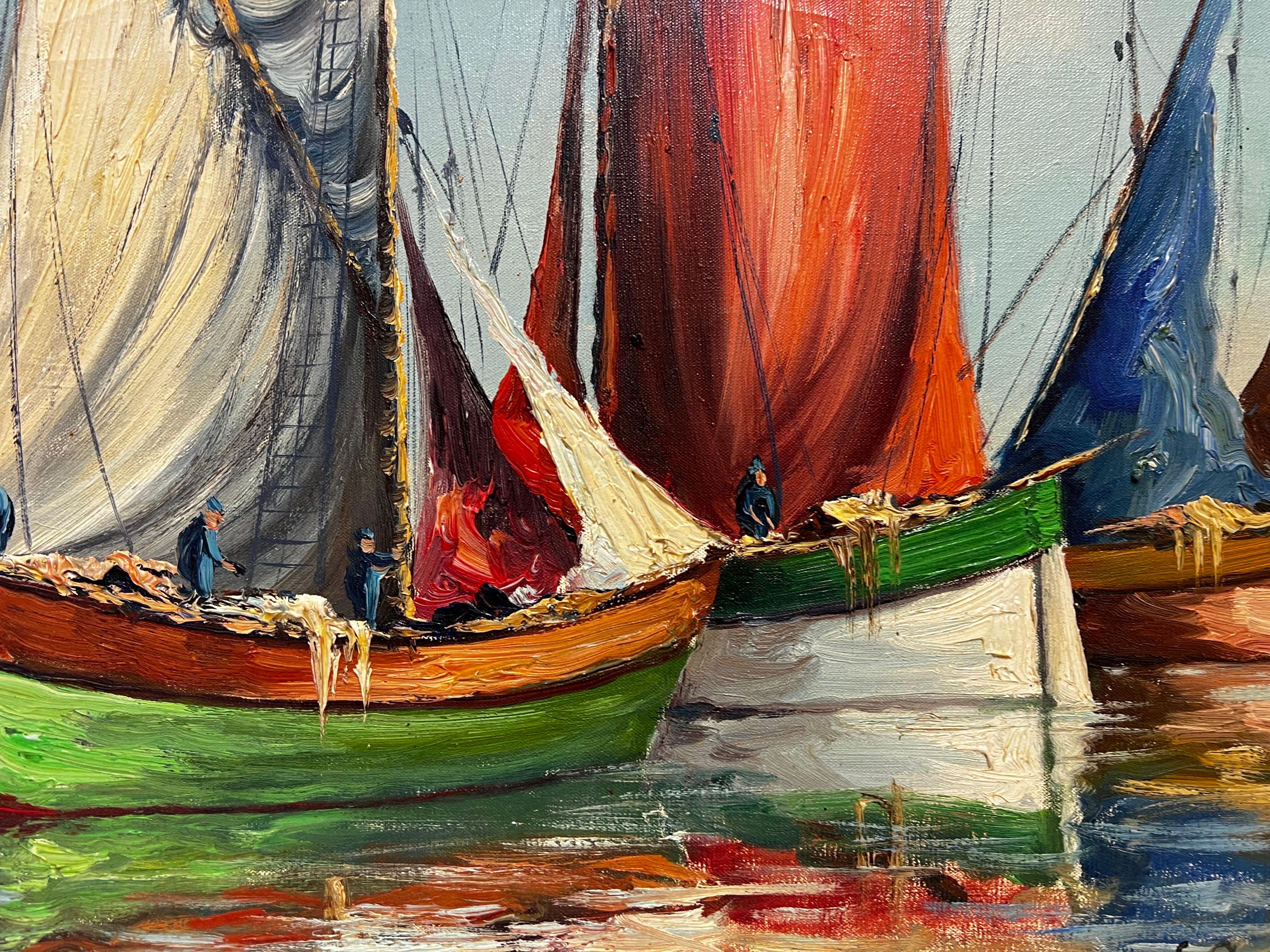 Immense huile française des années 1950 Sleepy Med Bateaux de pêche Port côtier Scène ensoleillée - Impressionnisme Painting par 20th Century French School