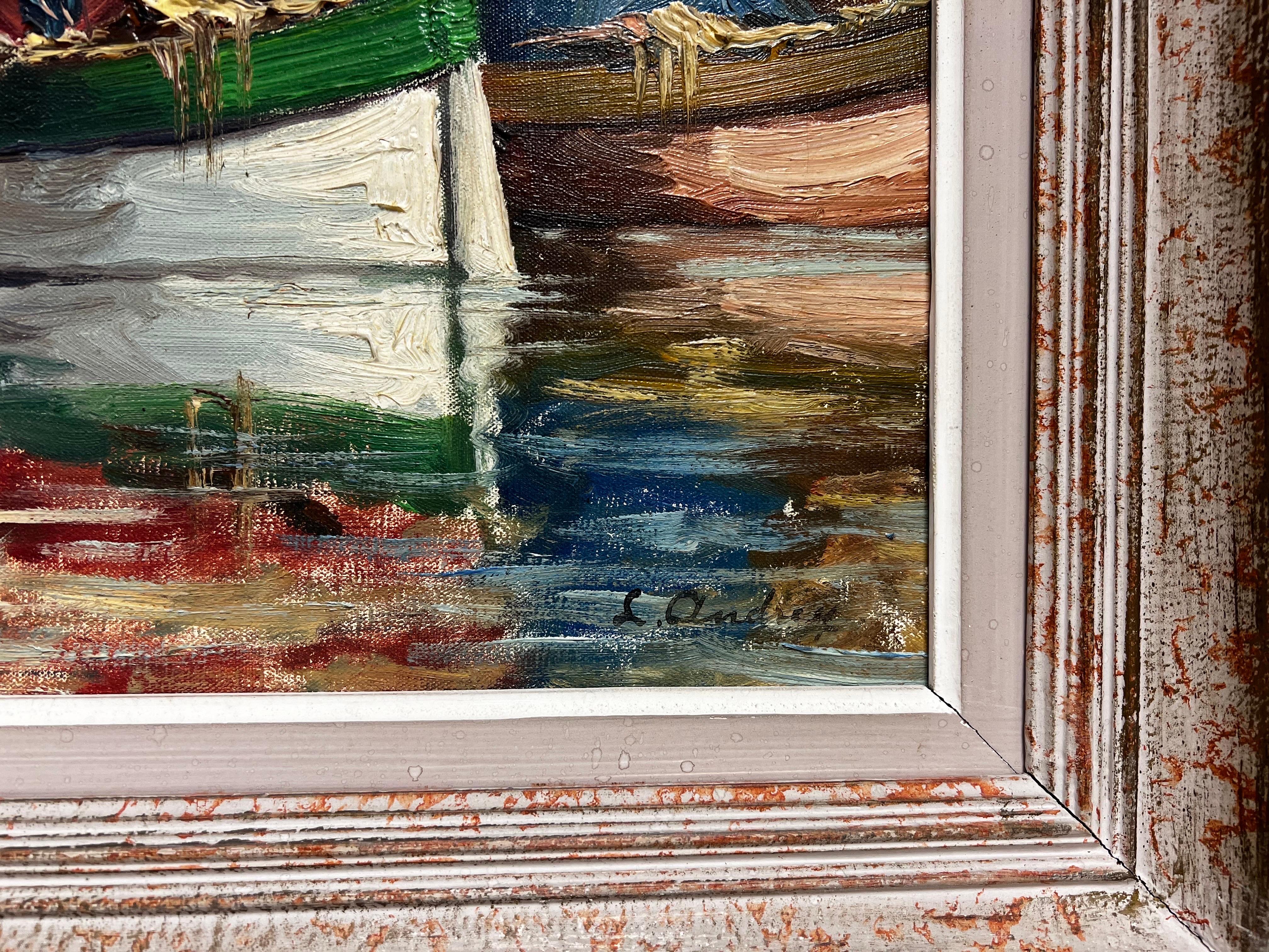 Immense huile française des années 1950 Sleepy Med Bateaux de pêche Port côtier Scène ensoleillée - Gris Figurative Painting par 20th Century French School