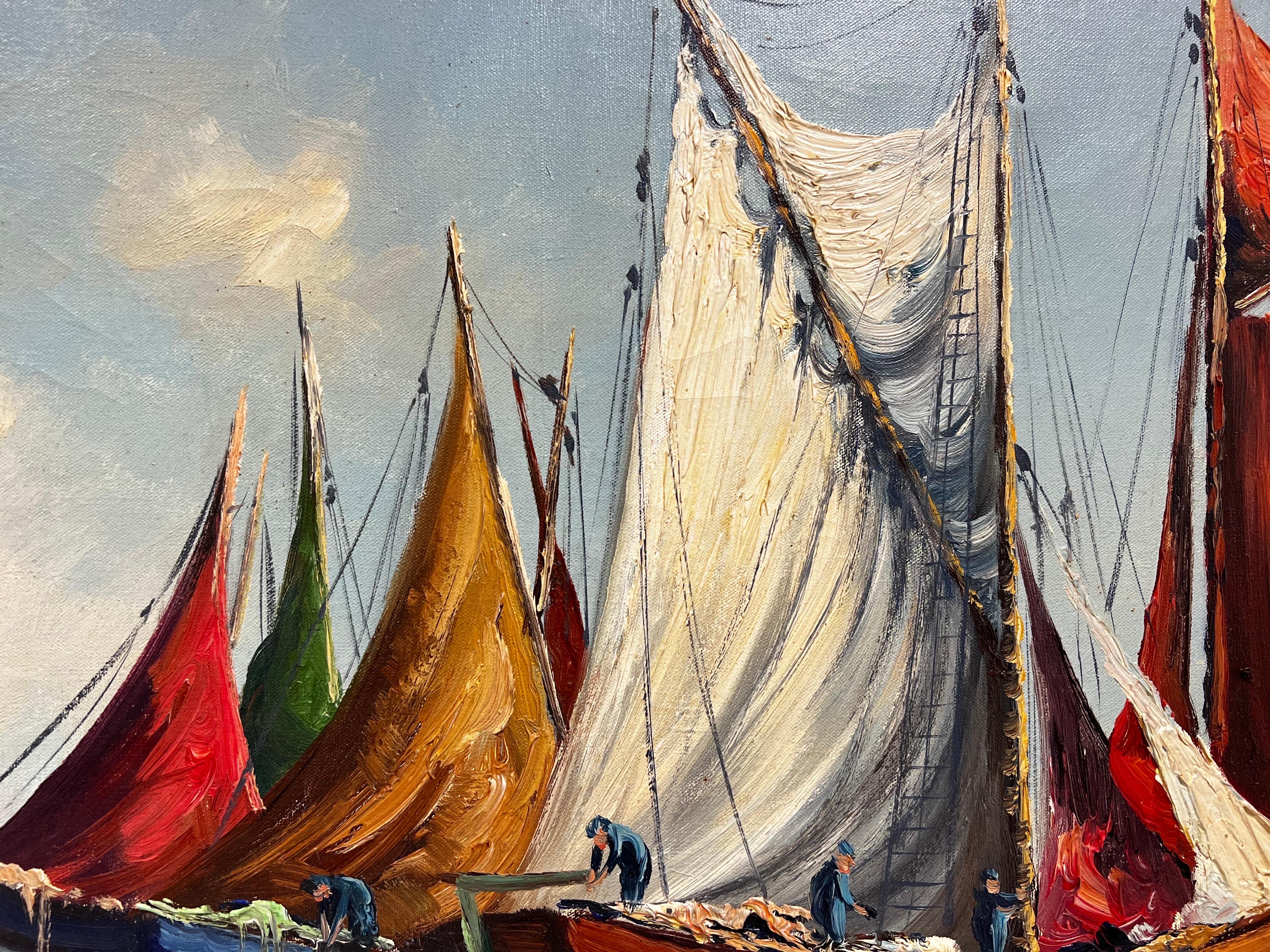 Immense huile française des années 1950 Sleepy Med Bateaux de pêche Port côtier Scène ensoleillée en vente 3
