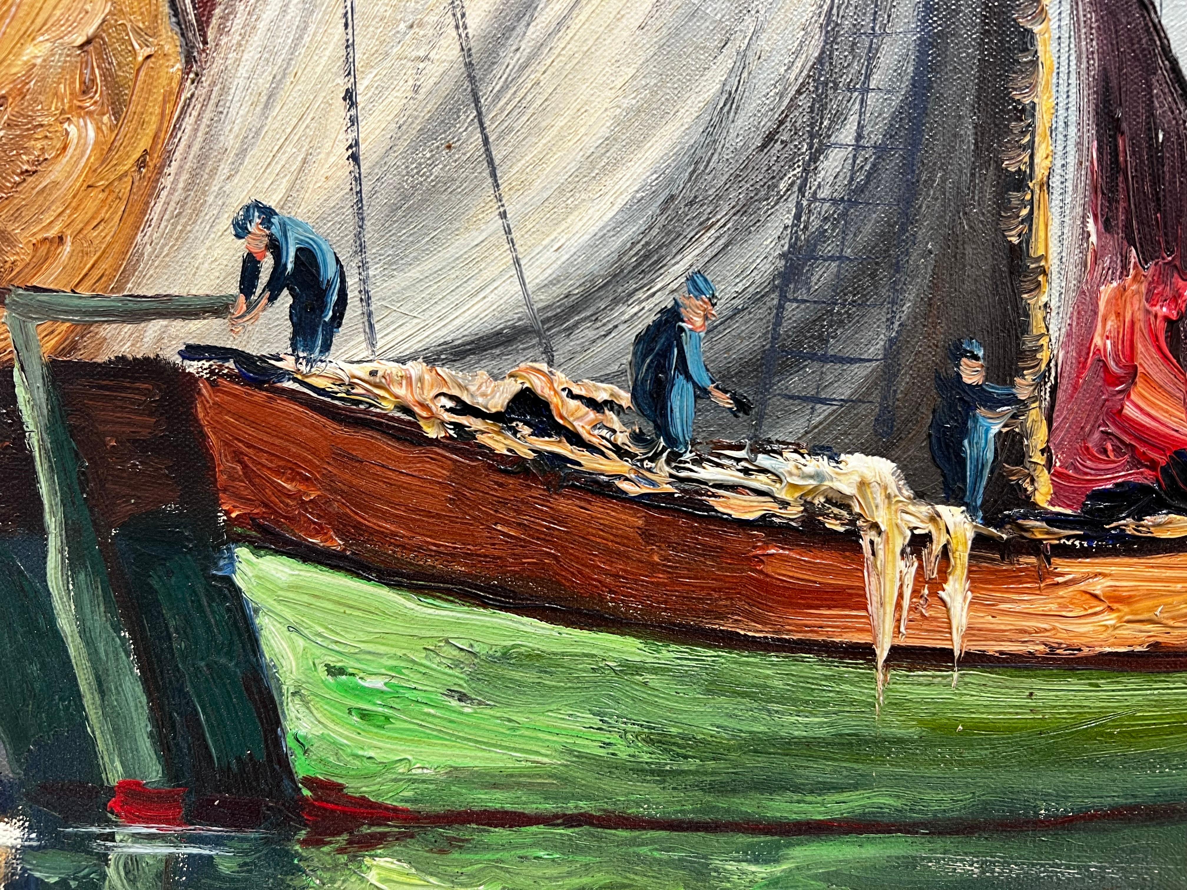 Immense huile française des années 1950 Sleepy Med Bateaux de pêche Port côtier Scène ensoleillée en vente 4
