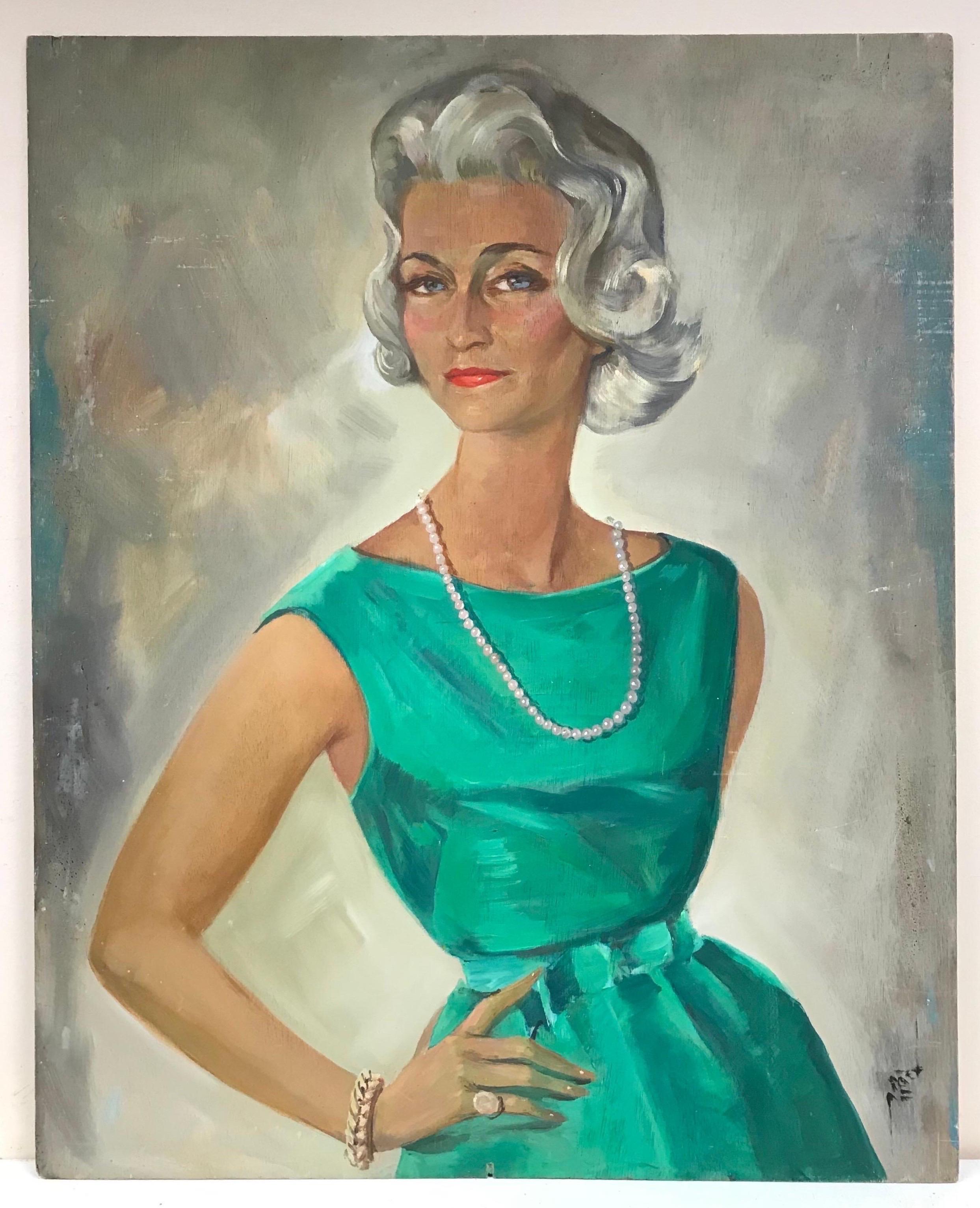 Huge 1960s French Signed Oil - Portrait of Fashionable Woman Emerald Green Dress - Painting by 20th Century French School