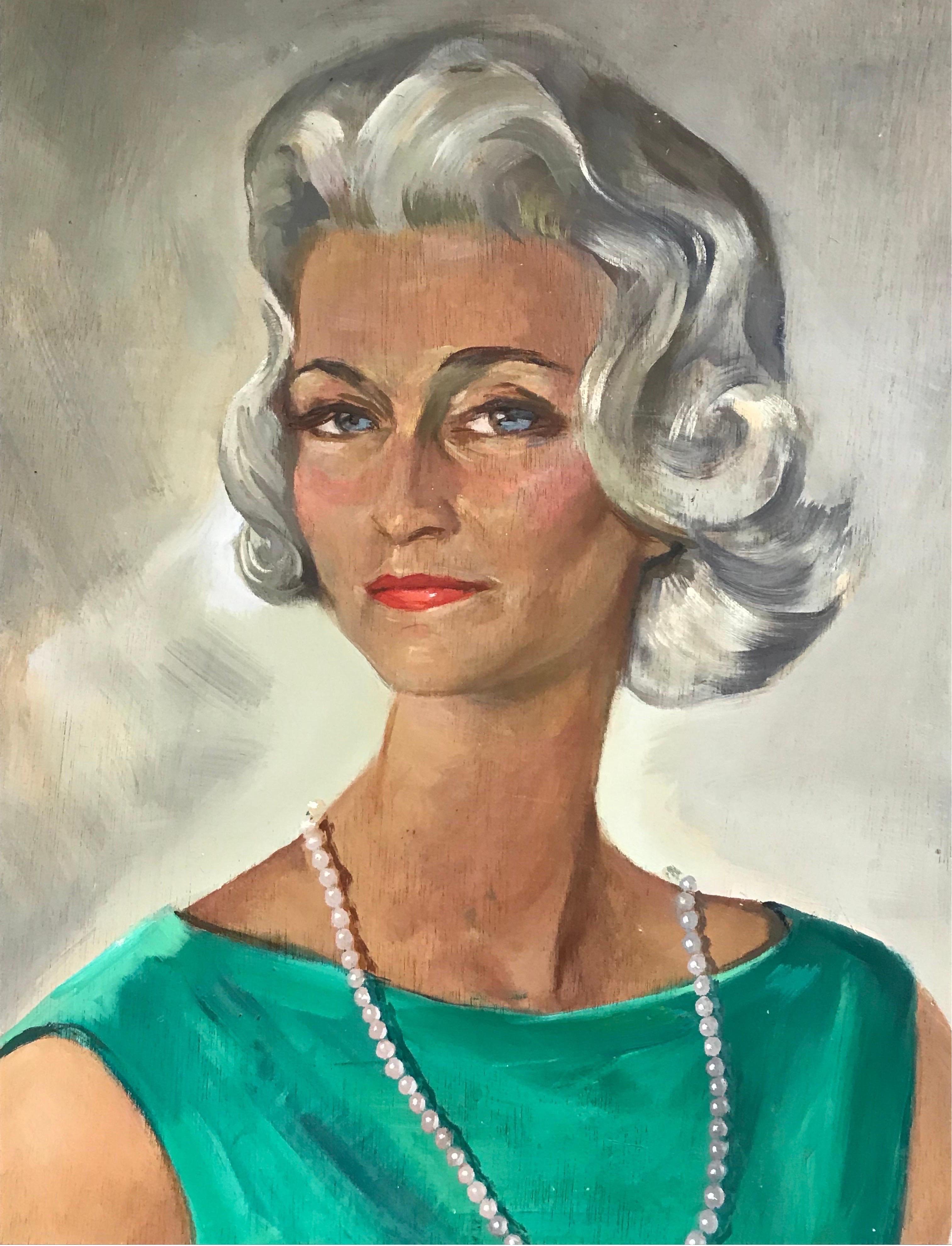 Artist/ School: French School, circa 1960's, signed with monogram

Title: Portrait of a fashionable lady in an emerald green dress. 

Medium: oil on board, unframed 

Board: 32 x 26 inches

Provenance: private collection, France

Condition: The